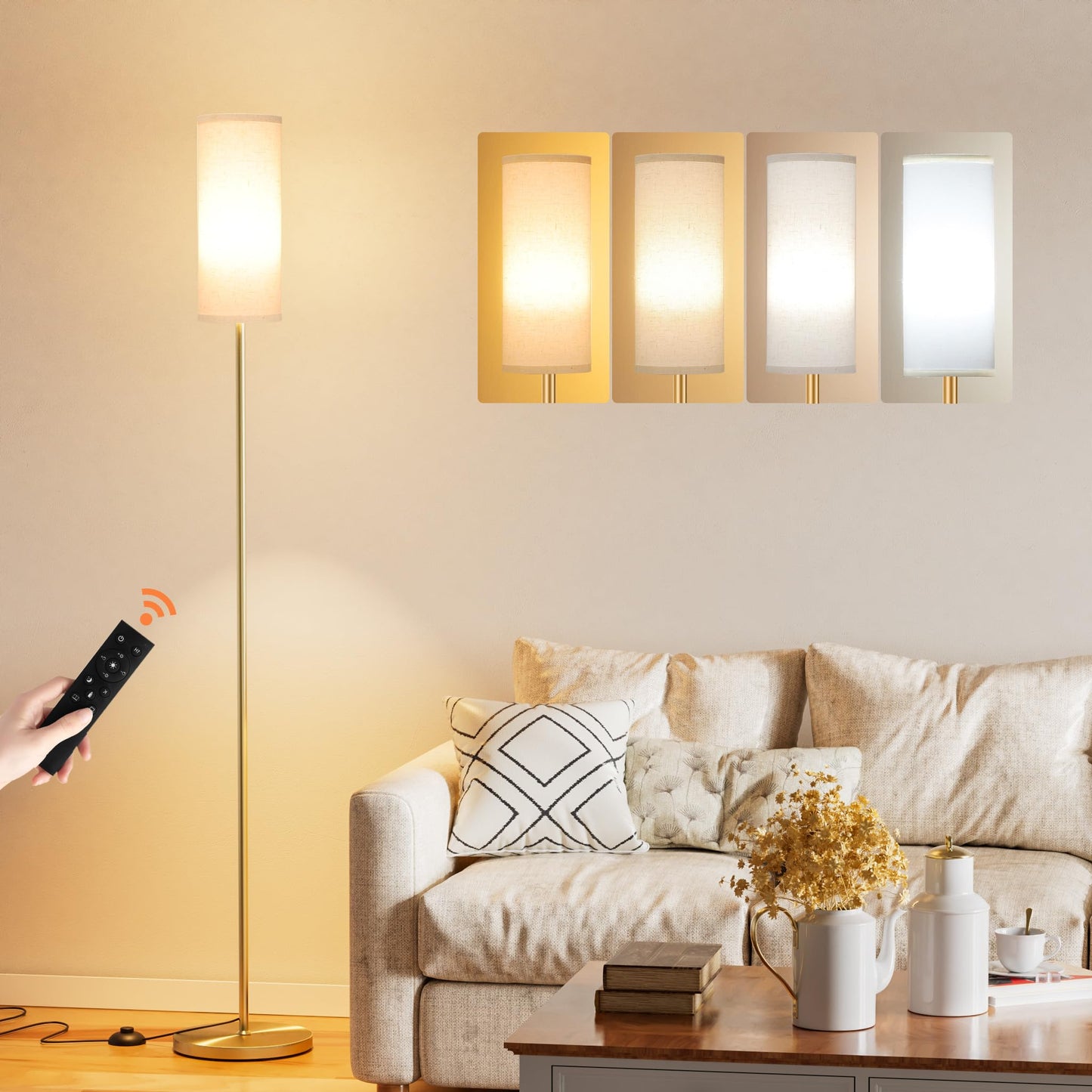 Ambimall Floor Lamp with Remote Control- Dimmable Standing Tall Lamp, Floor Lamps for Living Room, Bedrooms, Stepless Adjustable 3000K-6000K Colors, 10-100% Brightness, Foot Switch(Gold)