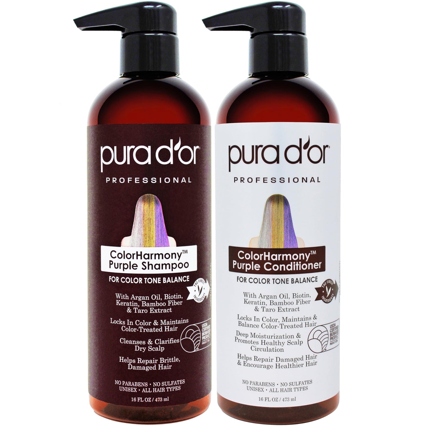 PURA D'OR Professional Grade Purple Biotin ColorHarmony Shampoo & Conditioner Set (16oz x 2) Blonde, Silver & Color Treated Hair - Keratin, Bamboo Fiber, Sulfate Free, Natural Ingredients: Men & Women