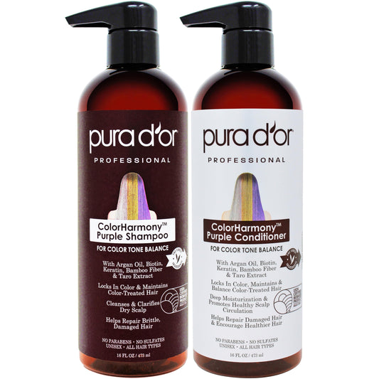 PURA D'OR Professional Grade Purple Biotin ColorHarmony Shampoo & Conditioner Set (16oz x 2) Blonde, Silver & Color Treated Hair - Keratin, Bamboo Fiber, Sulfate Free, Natural Ingredients: Men & Women