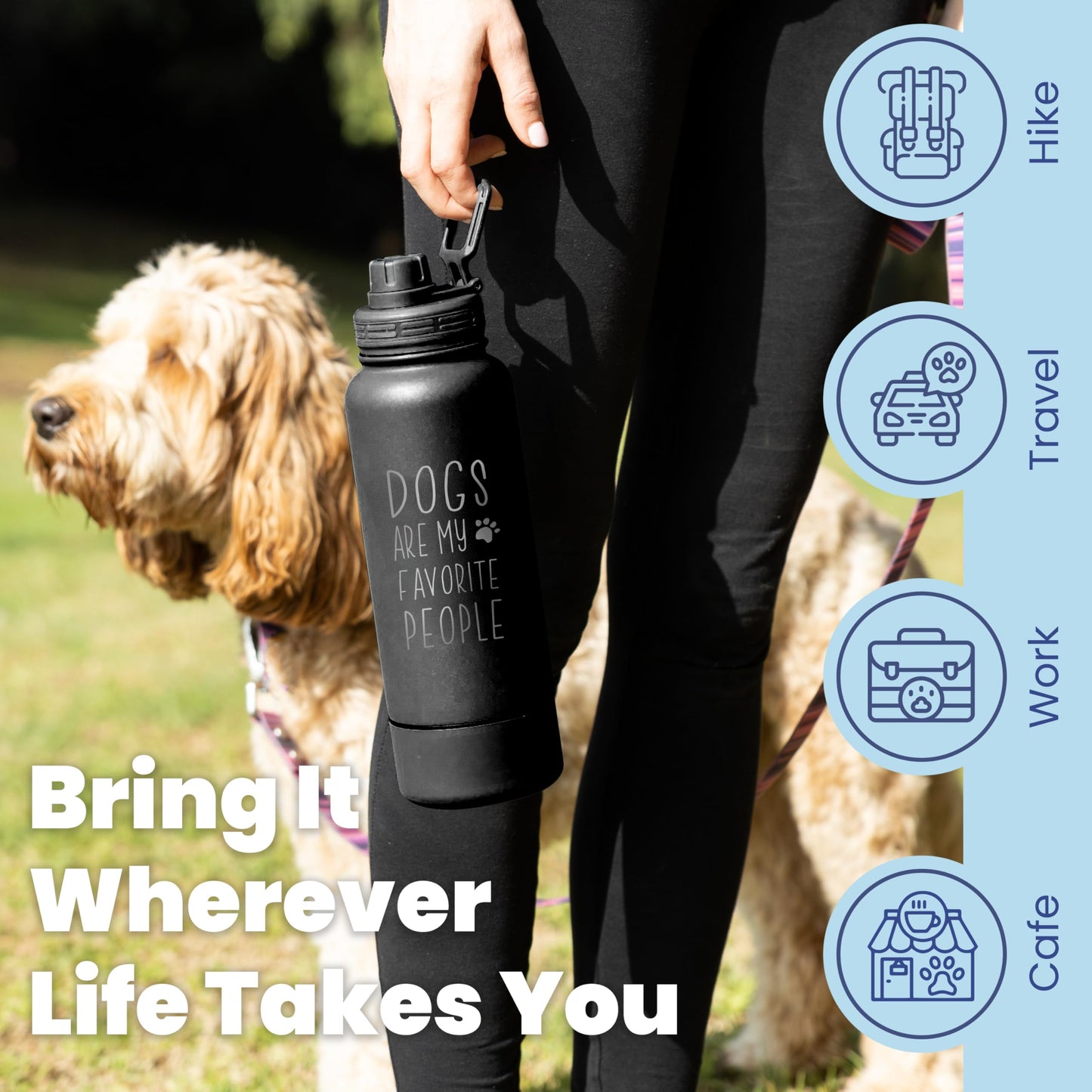 Dog Water Bottle for Dog Lovers - 32 oz Stainless Steel Double Wall Insulated Water Bottle with 8 oz Detachable Bowl on Bottom- Ideal for Doggy Lovers - “Favorite People” Black