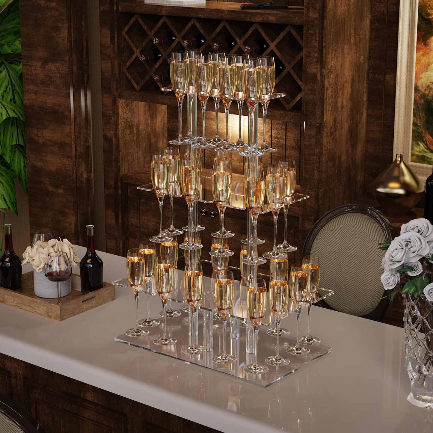 Nynelly Champagne Tower Stand for Party With 32 Slots, 3 Tier Acrylic Wine Glass Stemware Display Rack, Tabletop Champagne Flutes Display Holder with Led Strip, Cocktail Tree Stand