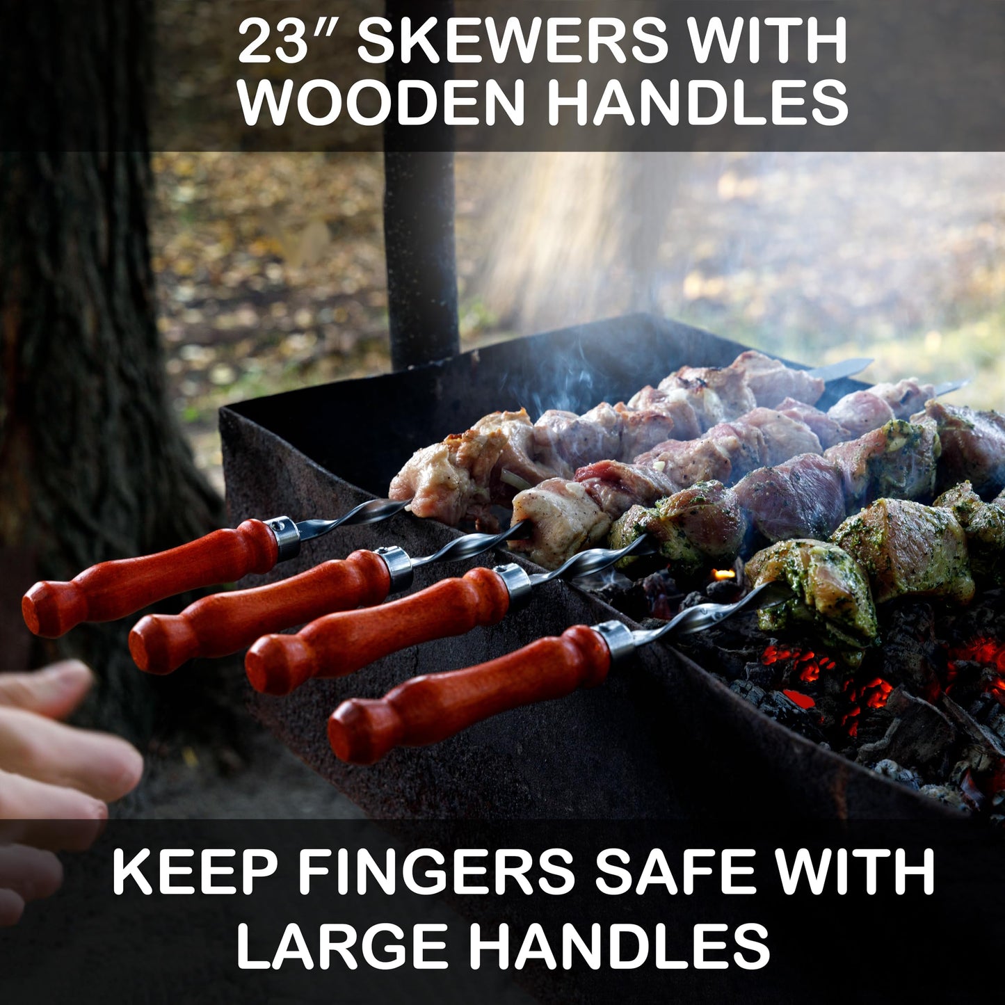 Premium BBQ Skewers with Wooden Handles 23.6" Shish Kabob Skewers Stainless Steel Long & Reusable Kabob Sticks Barbecue Skewers for Grilling Set of 10 Piece