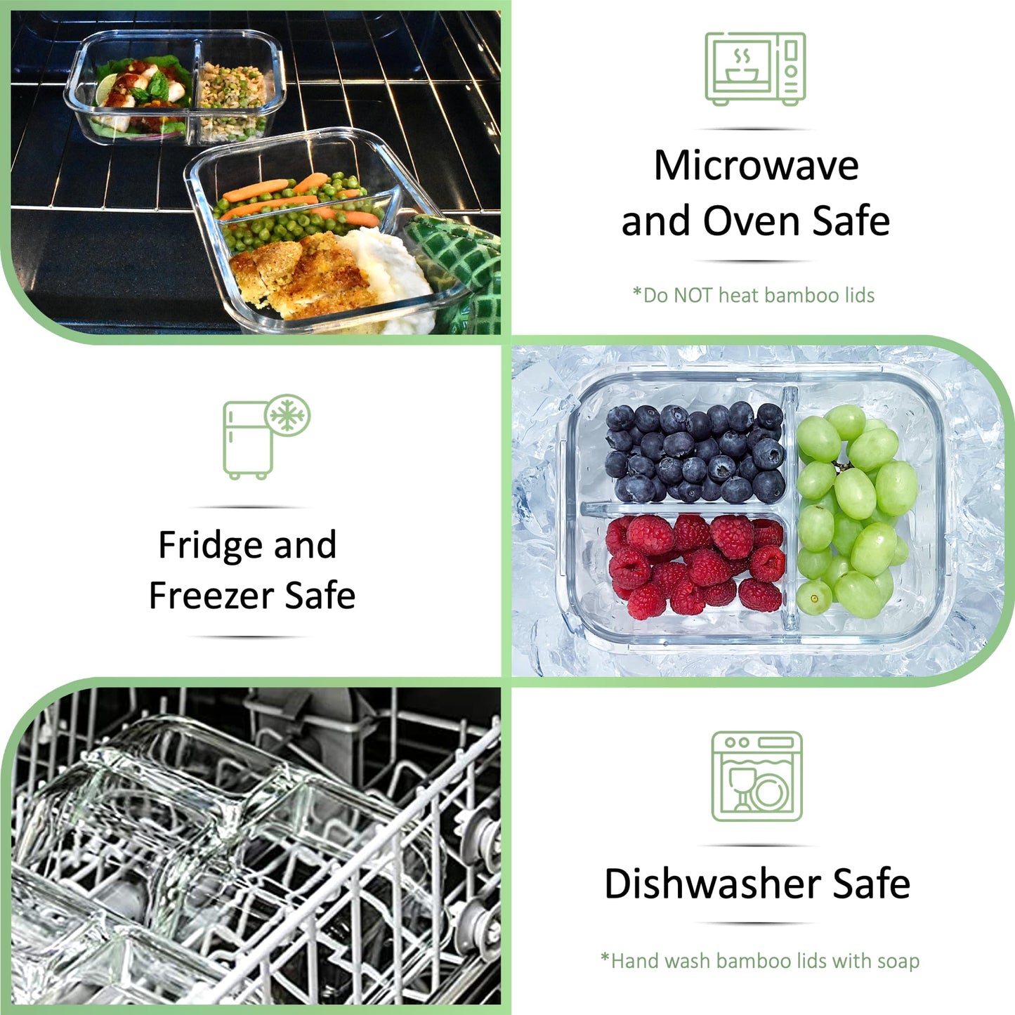 EcoPreps Glass Bento Boxes with Bamboo Lids, 3-Compartment Meal Prep Containers - 3 Pack, Eco-Friendly, Freezer Safe Glass Lunch Boxes