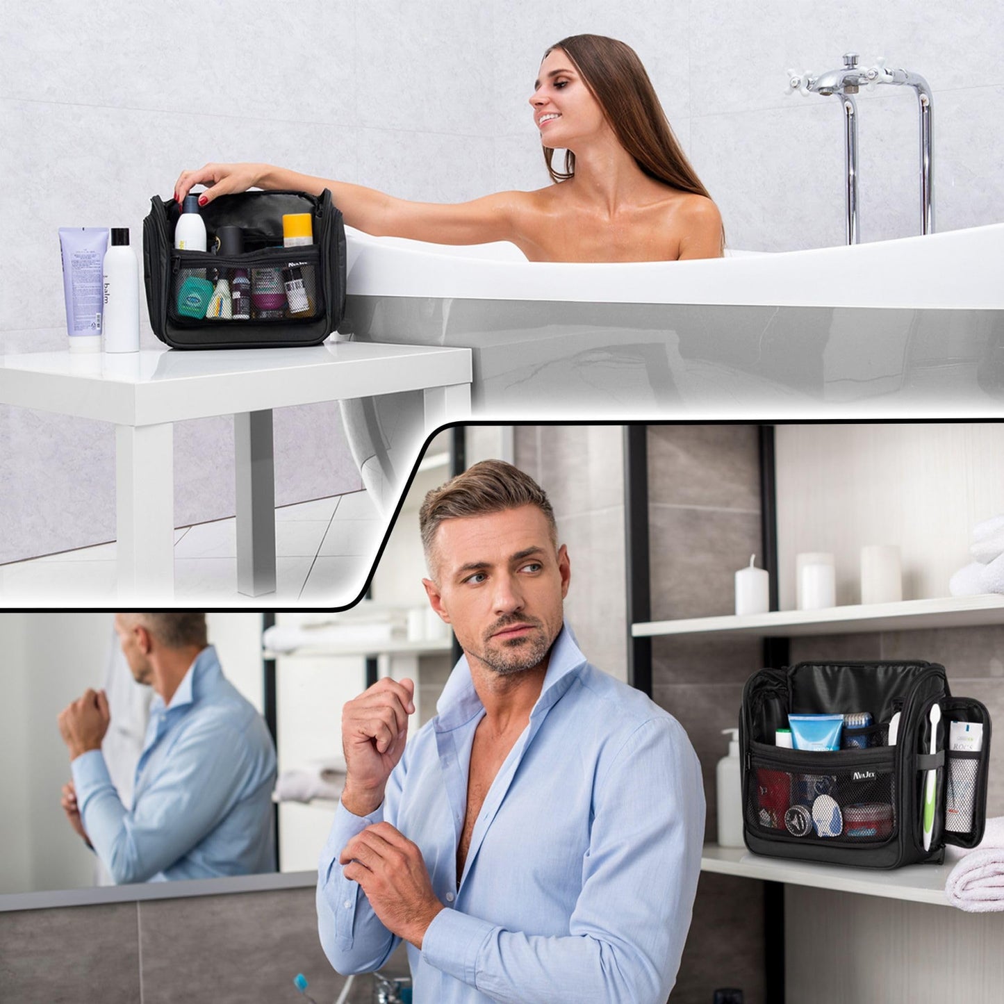 Travel Toiletry Bag for Men and Women - Large Hanging Toiletry Organizer - Waterproof Hygiene Bag with Metal XXL Swivel Hook, Sturdy Zippers and 19 Compartments for Toiletries, Makeup, Cosmetics