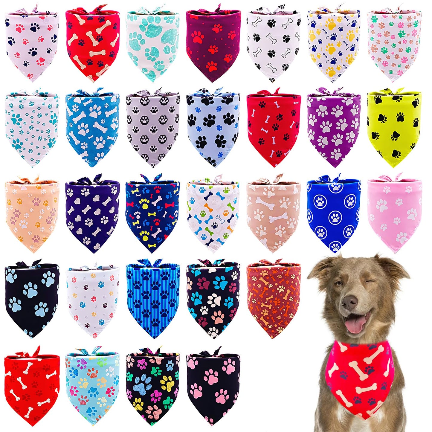 Pai Sence 30 Pcs Paw Print Bandanas Bulk for Large Dogs 33 Inch XL Stitch Dog Bandanas Polyester Bandana Party Grooming L