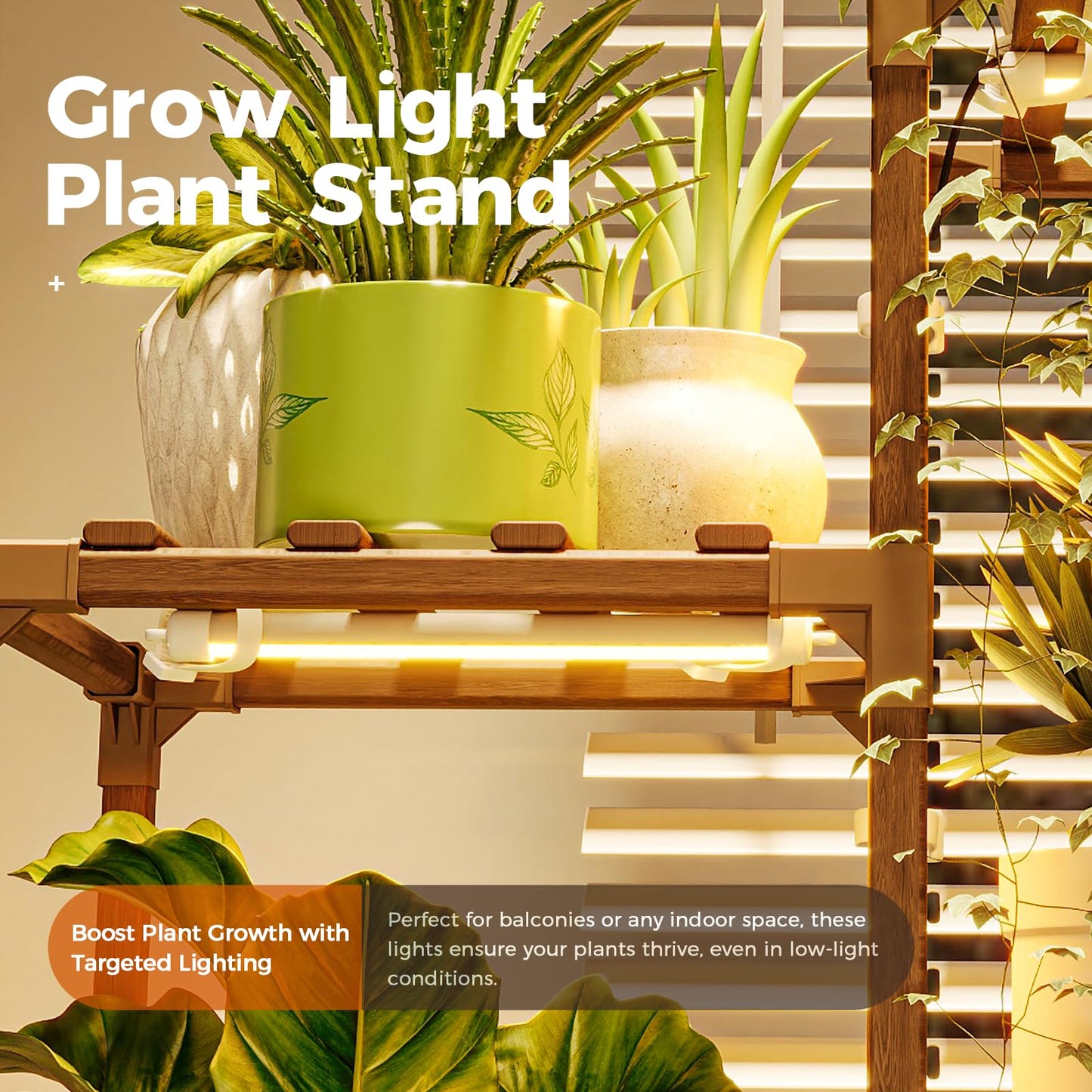 Bamworld Plant Stand Indoor Grow Light Tall Plant Shelf for Mutiple Pots Large Wood Plant Holder Rack for Patio Living Room Balcony Warm Light