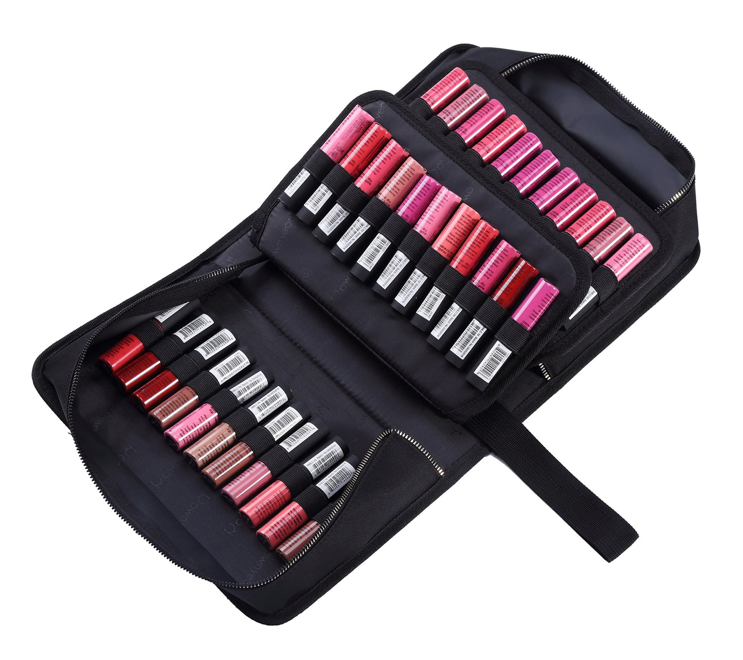 ROWNYEON Lipstick Organizer Case Lipstick Holder Lip Gloss Portable Display Lipstick Cosmetic Storage Bag Makeup Travel Bag Makeup Train Case with Carrying Handle (67 Slot Golden Zipper Black)