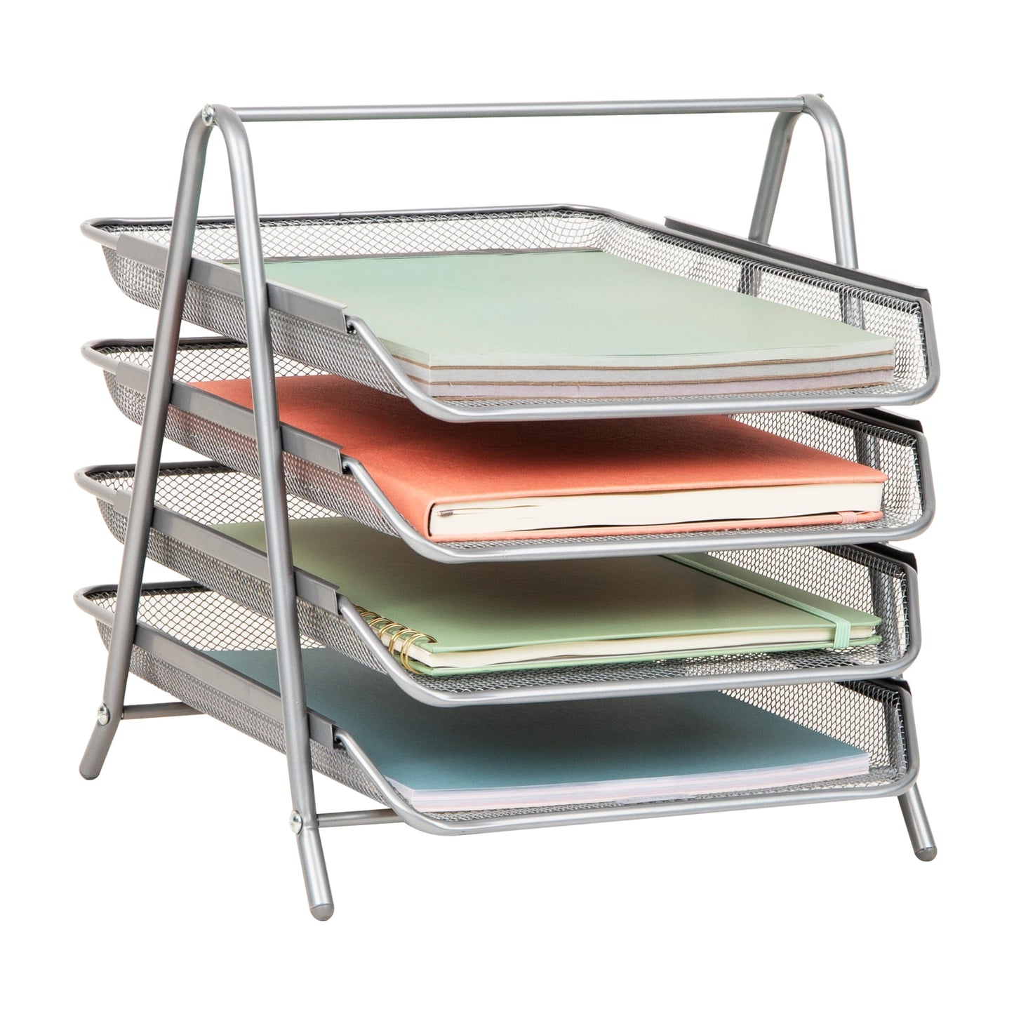 Mind Reader 4-Tier Paper Tray Organizer, Desktop File Sorter with Handle, Document Storage, Slide-Out Trays, Metal Mesh, Silver