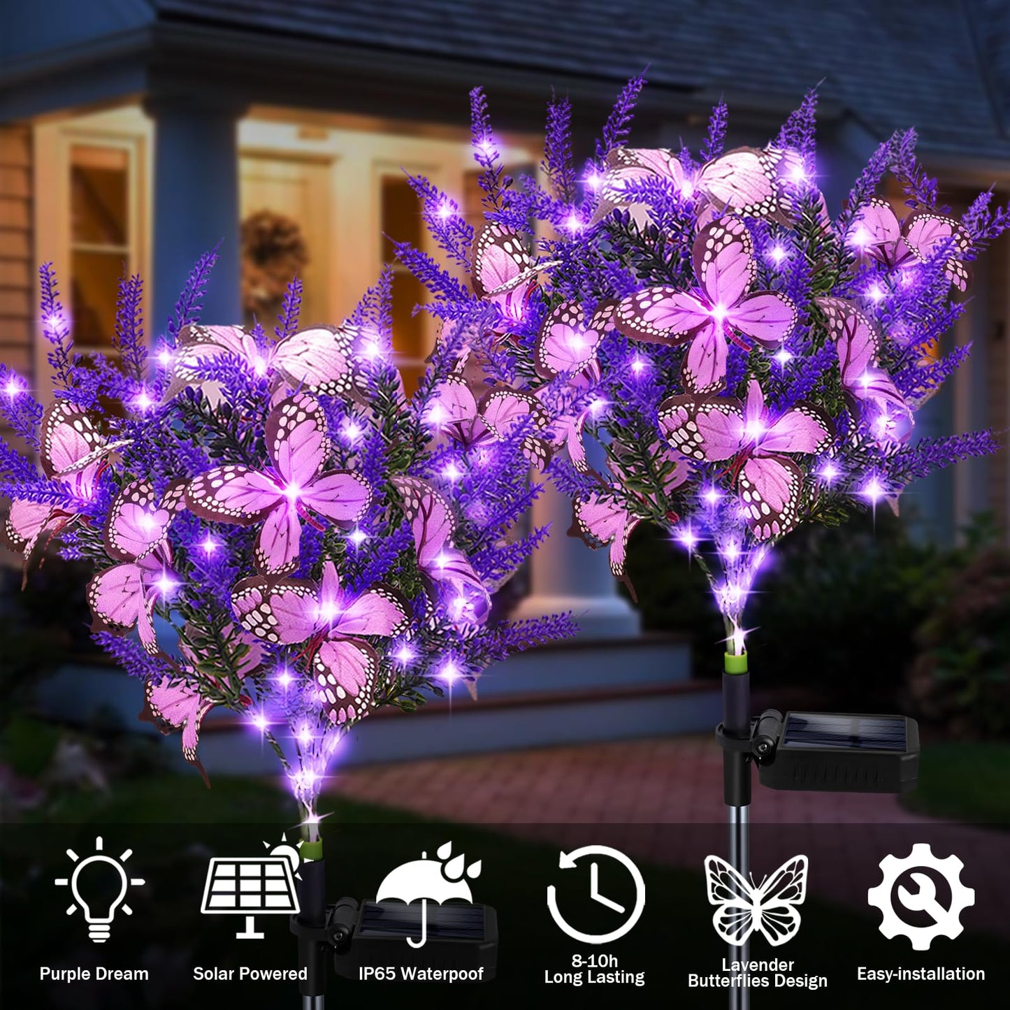 Kohlrabi Solar Garden Lights Outdoor, 6 Pack Solar Butterfly Lights Purple Lavender Gardening Gifts for Women, Purple Artificial Flower with Butterfly Garden Decor for Lawn Patio