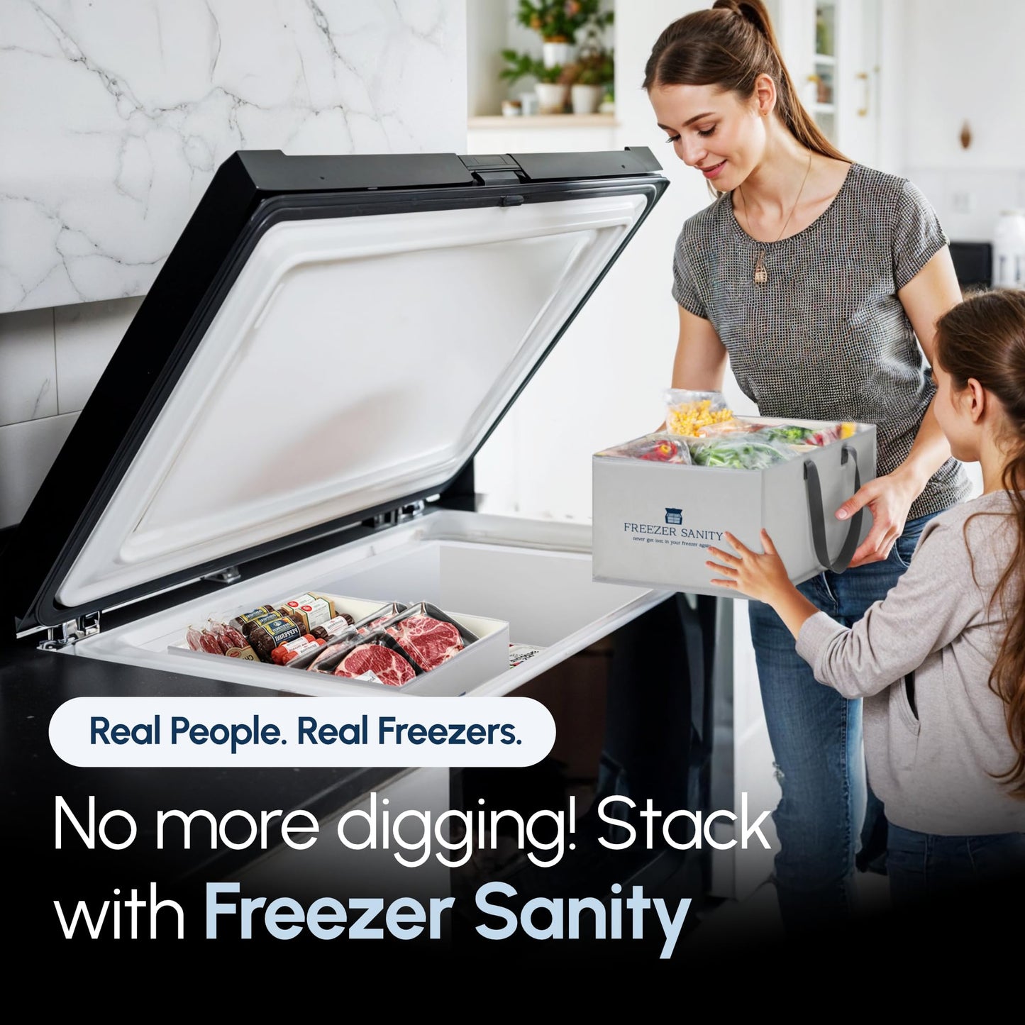 FREEZER SANITY Collapsible Freezer Organizer Bins - Stackable Storage Organizers with Custom Dividers, Handles, Ideal for Chest Freezers, Heavy-Duty, Water-Resistant (2 Pack Regular 15x14x9)