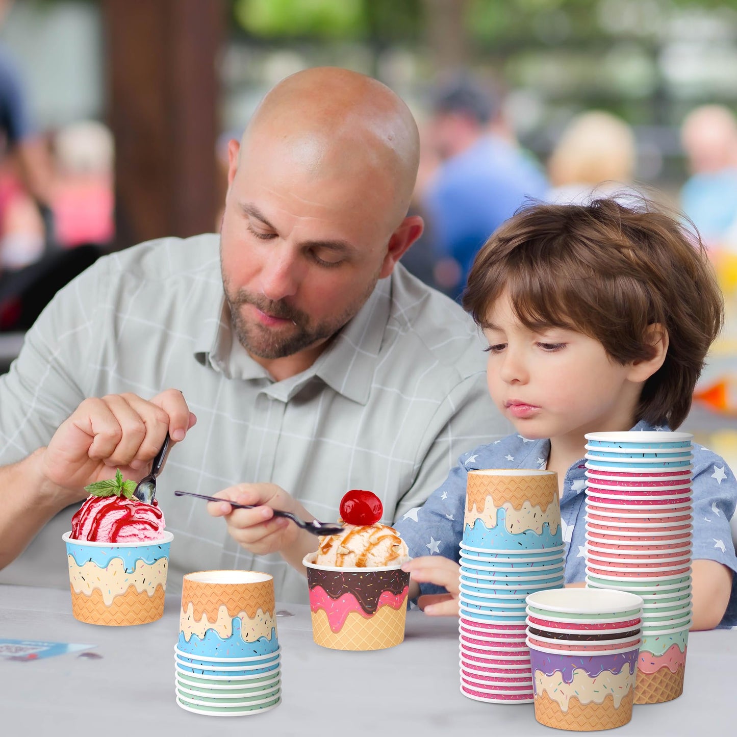 Kochorie 120 Pieces Paper Ice Cream Cups 8 Ounces Disposable Dessert Bowls Ice Cream Containers Sundae Bowls Party Supplies Treat Cups for Hot and Cold Sundae Soup Frozen Yogurt, 6 Designs