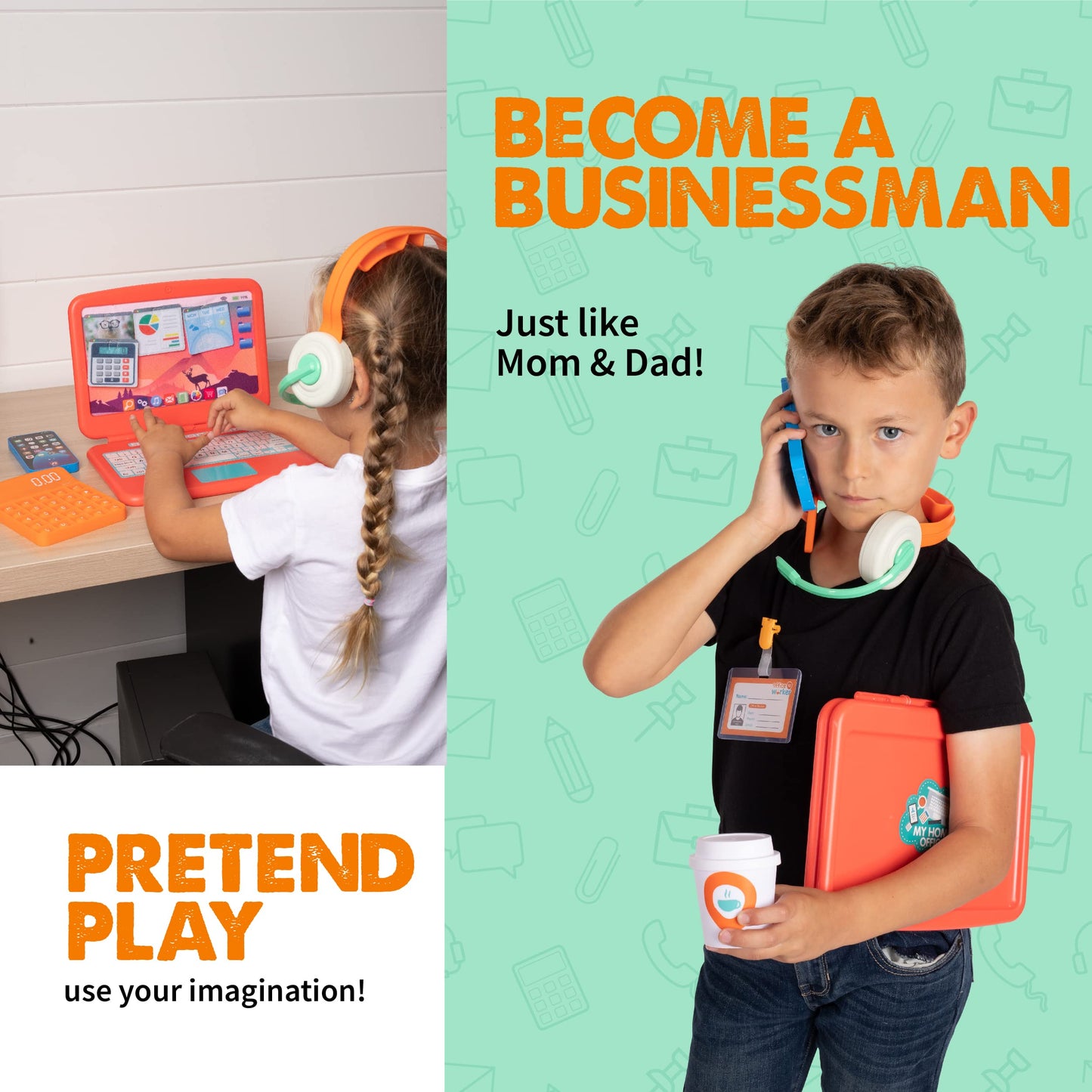 Born Toys Kids Pretend Play - Work from Home Office Toys w/Kids Laptop, Headset, Toy Phone w/LED & Sounds for Ages 3-7