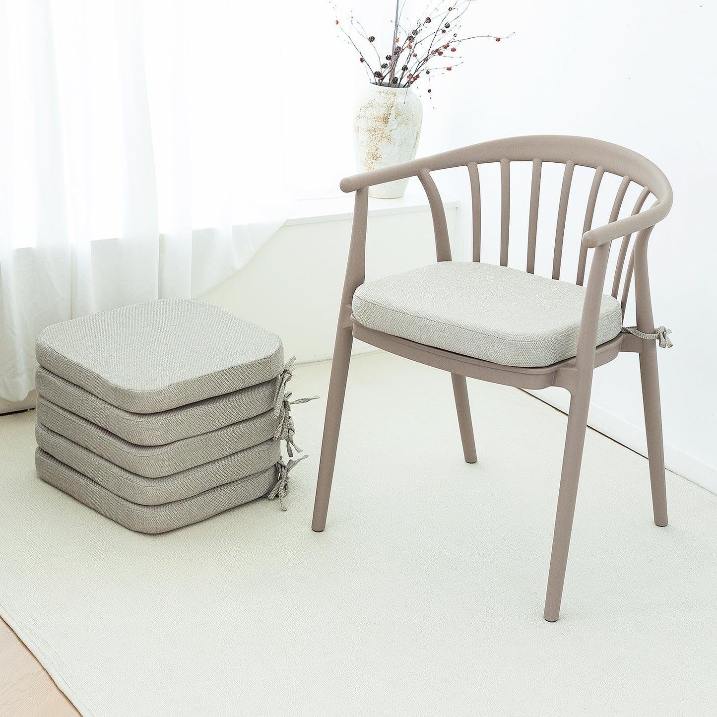 C-Hopetree Indoor Outdoor Dining Chair Cushions with Ties, Seat Pads for Kitchen with Washable Cover and Non-Slip Bottom, High-Resilient Foam, Waterproof, 17" x 16" x 2", Beige, Set of 6