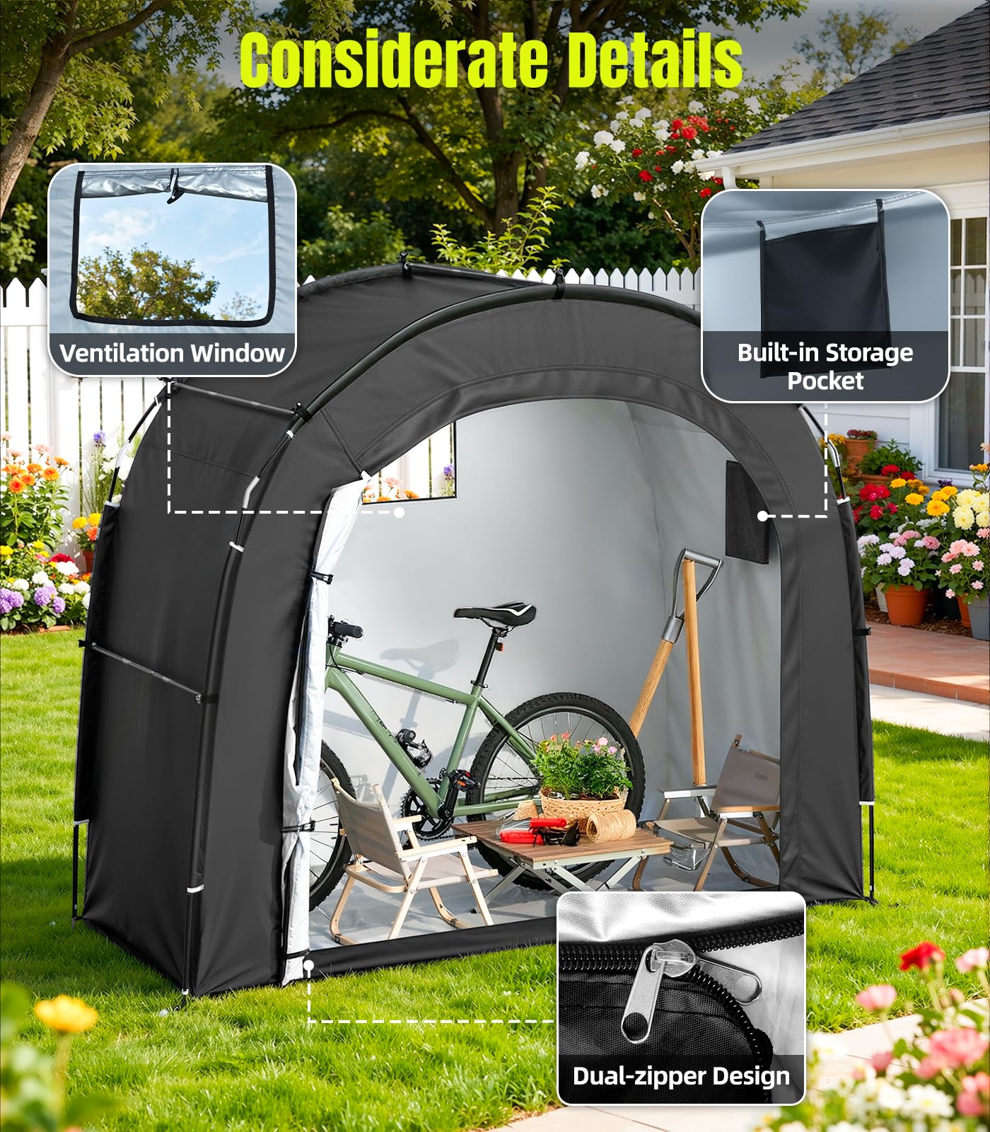 Housolution Bike Storage Tent Shed for 3 Bikes, Outdoor Portable 210D Oxford Thick PU4000 Waterproof Bike Cover with Ventilated Window, Bike Tent Fit for Bicycle, Lawn Mower, Garden Tools