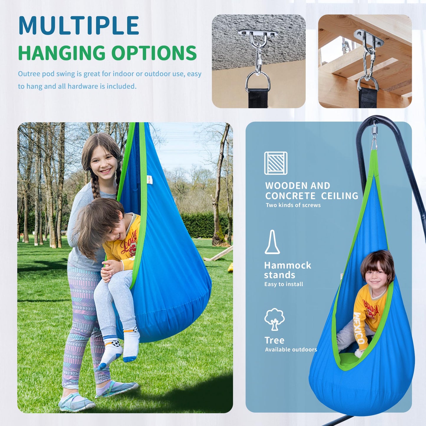 OUTREE Kids Pod Swing Seat, Cotton Child Hammock Swing Chair,Sensory Swing for Indoor and Outdoor Use,Blue
