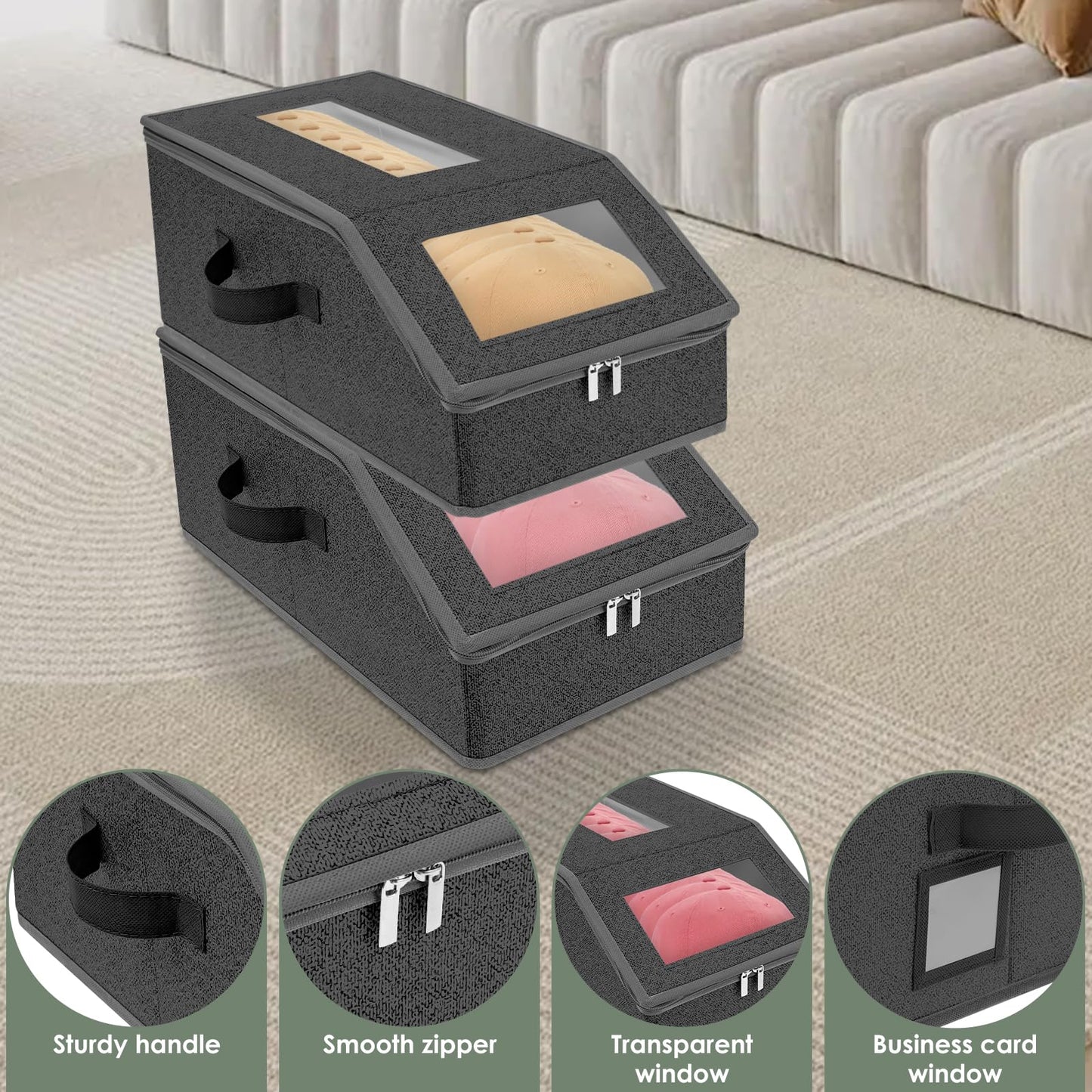 Hat Storage for Baseball Caps, 2 Pcs Stackable Hat Organizer for Closet, Baseball Cap Organizer Holder Holds up to 24 Caps Hat Cap Storage Box Bins with Clear Window Lid & Handle for Shelf, Wardrobe