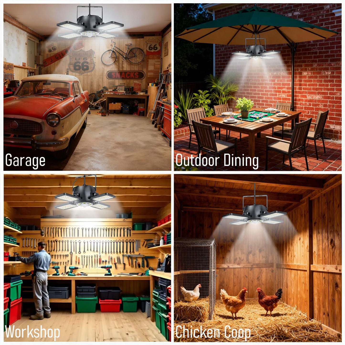Solar Shed Light Outdoor Indoor Upgrade 1200LM 174LED 4 and 1 Heads Motion Sensor Pendant Light, Solar Lights with 5 Lighting Modes Remote Control IP65 Waterproof for Barn Patio Gazebo Shop
