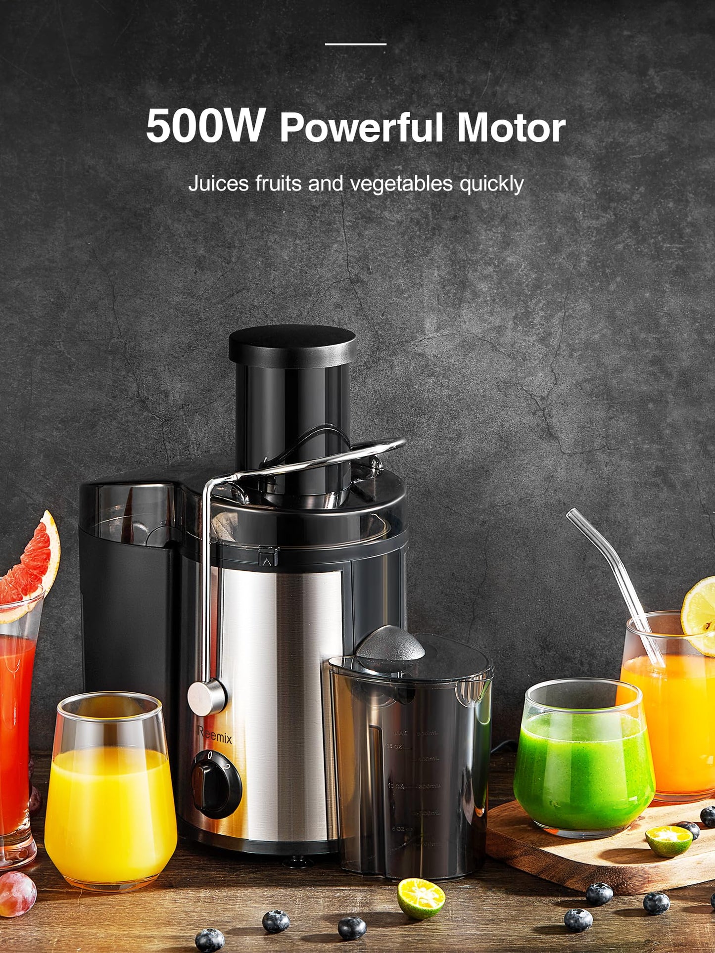 Reemix Juicer Machine, Big Mouth Large 3” Feed Chute for Whole Fruits and Vegetables, Easy to Clean, Centrifugal Extractor, BPA Free (Black, 500W)