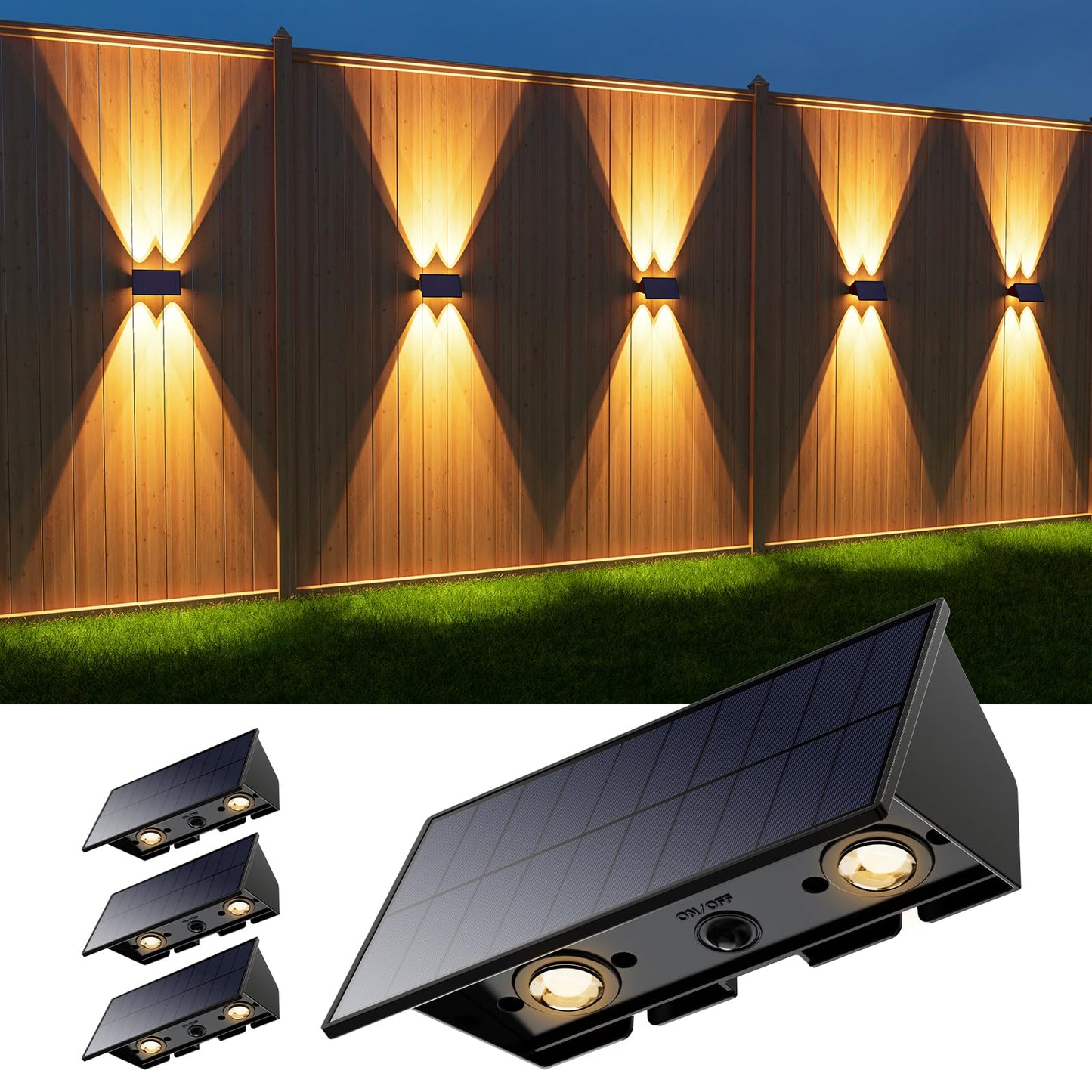 4 Pack Solar Powered Wall Lights for Outside Up and Down Fence Mount LED Outdoor Decorative Waterproof Lamps for Porch, Deck, Patio, Yard, Garden, 4 Lenses Designed for Accent Lighting (Warm White)