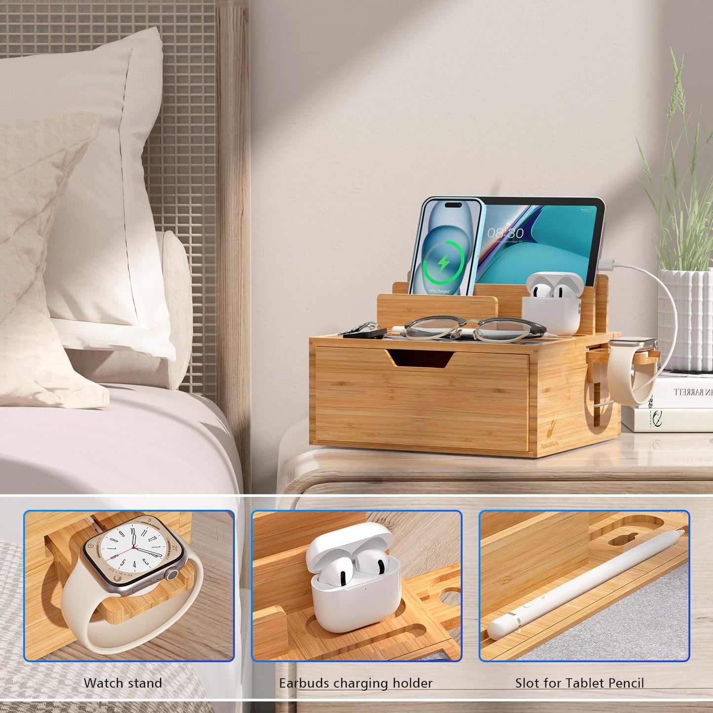 Pezin & Hulin Bamboo Charging Station with Lined Tray & Drawer, Desktop Dock Organizer with USB Wall Charger, Compatible with Tablet, Cell Phone, Earbuds, Smartwatch, and More