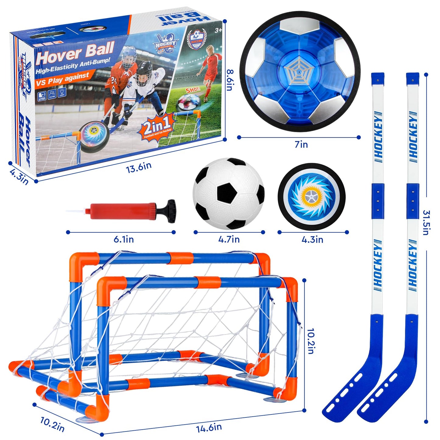 Bheddi Hover Hockey Soccer Ball Set Boys Toys - 2 in-1 Rechargeable Indoor & Outdoor Game with 2 Goals and LED Lights - Perfect Hockey and Soccer Ball Sports Gifts for 3+ Year Old Kids