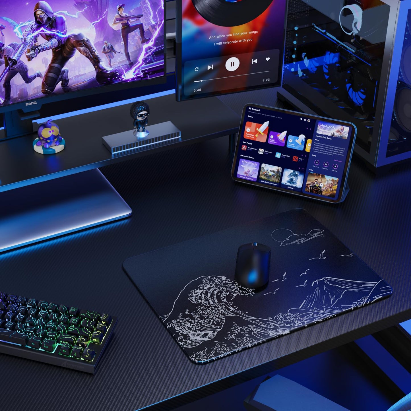 ATTACK SHARK CM05SE Glass Gaming Mouse Pad, 16.14x12.20x0.2in Mouse Mat, Non Slip 9H Hard Mousepads, Nano-Textured Glass Surface with Improved Precision and Speed for FPS Players-Black Wave