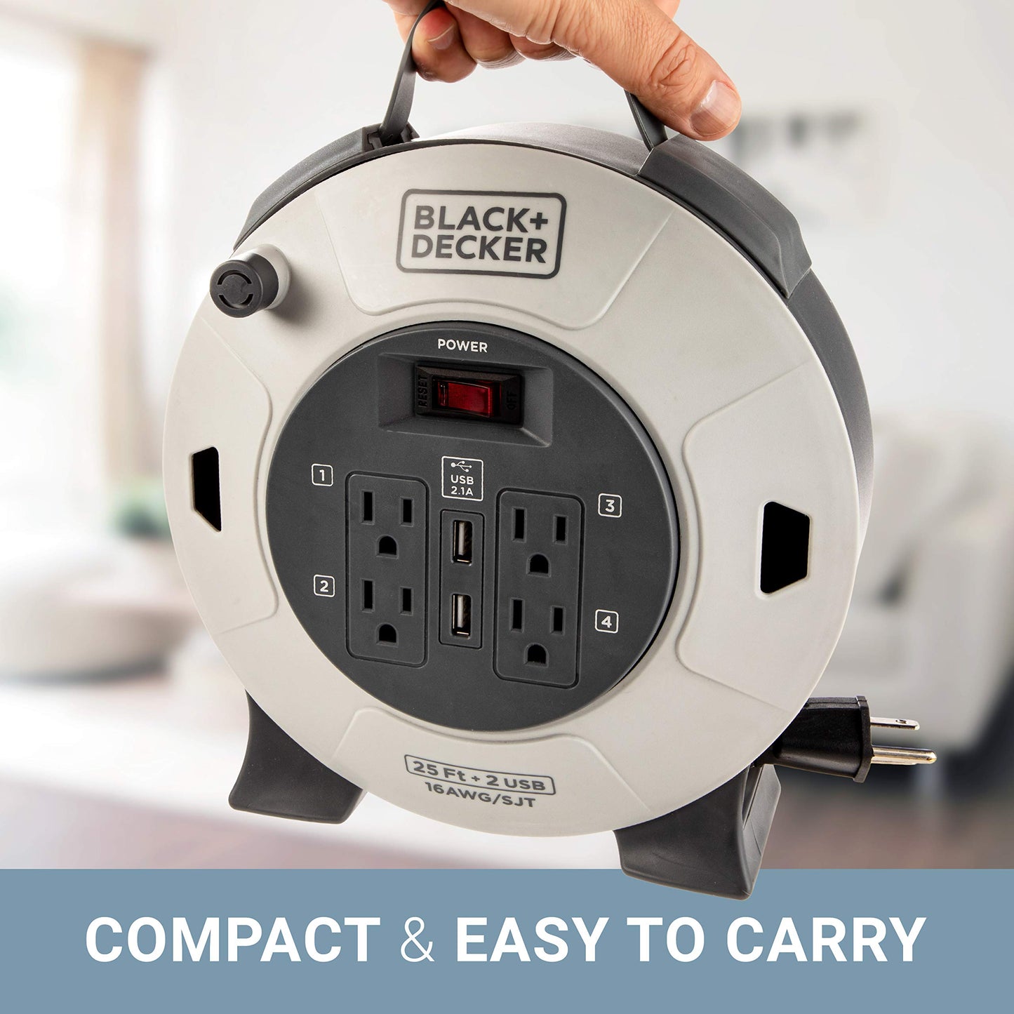 BLACK+DECKER 25 Ft. Retractable Extension Cord Reel with 4 Outlets, 2 USB Ports, Multi-Plug Extension, On/Off Switch & Heavy-Duty 16AWG SJT Cable