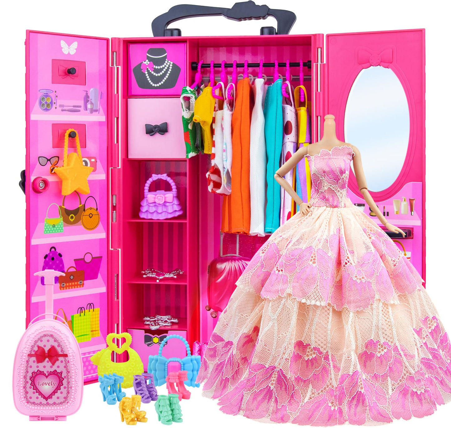 ZITA ELEMENT Fashion Doll Closet Wardrobe Lot 101 Items for 11.5 Inch Girl Doll Including Ultimate Doll Clothes and Accessories, Wardrobe, Trunk, Casual Wear, Dress, Swimsuits, Hangers, Shoes, Bags