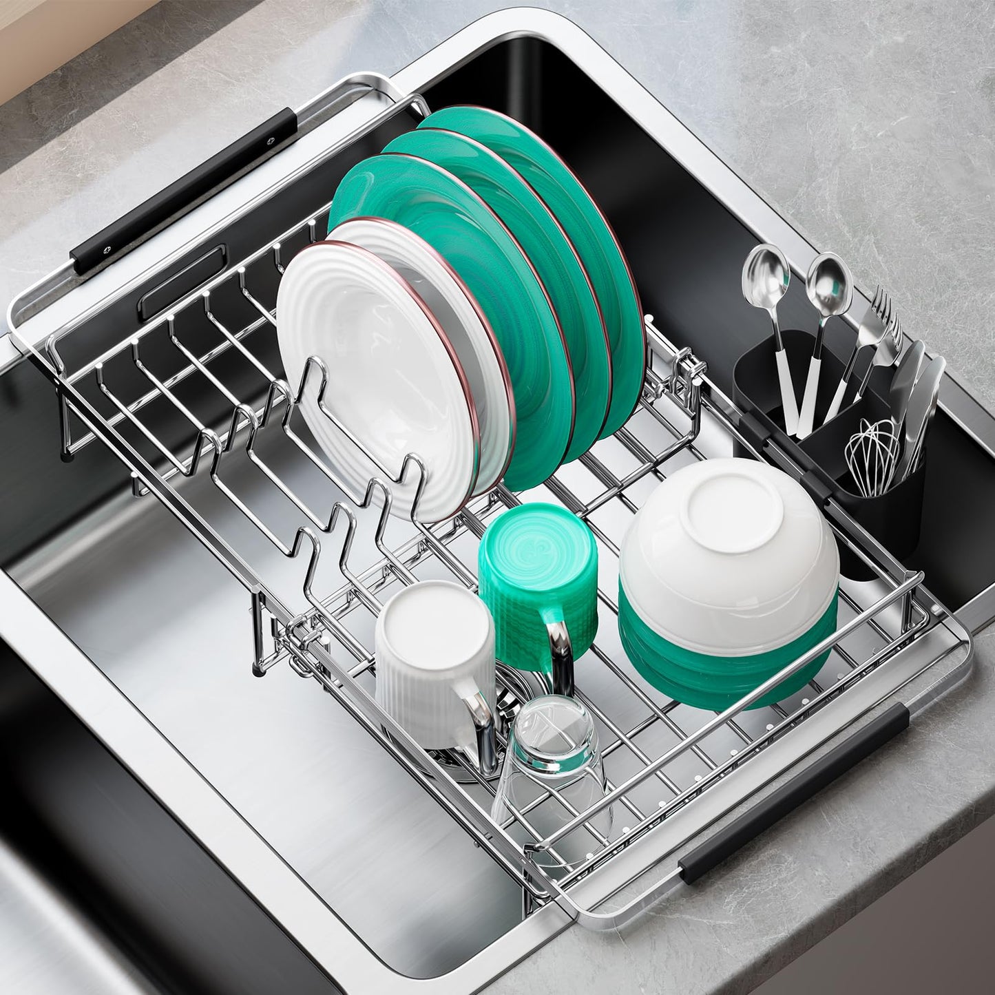 Urackify Stainless Steel Expandable-Sink-Dish-Drying-Rack with Utensil Holder for Kitchen Counter, in Sink and Over The Sink, Rust Resistant, Silver