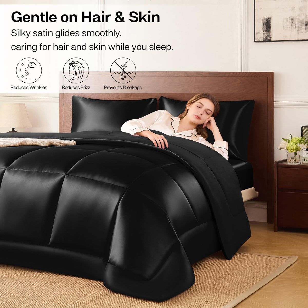 MR&HM Queen Comforter Set Black, Reversible Satin Microfiber Comforter Set for All Seasons, 3 Pieces Non-Slip Silky Soft Bedding Sets with 1 Comforter (90"x90") and 2 Pillowcases (20"x26")