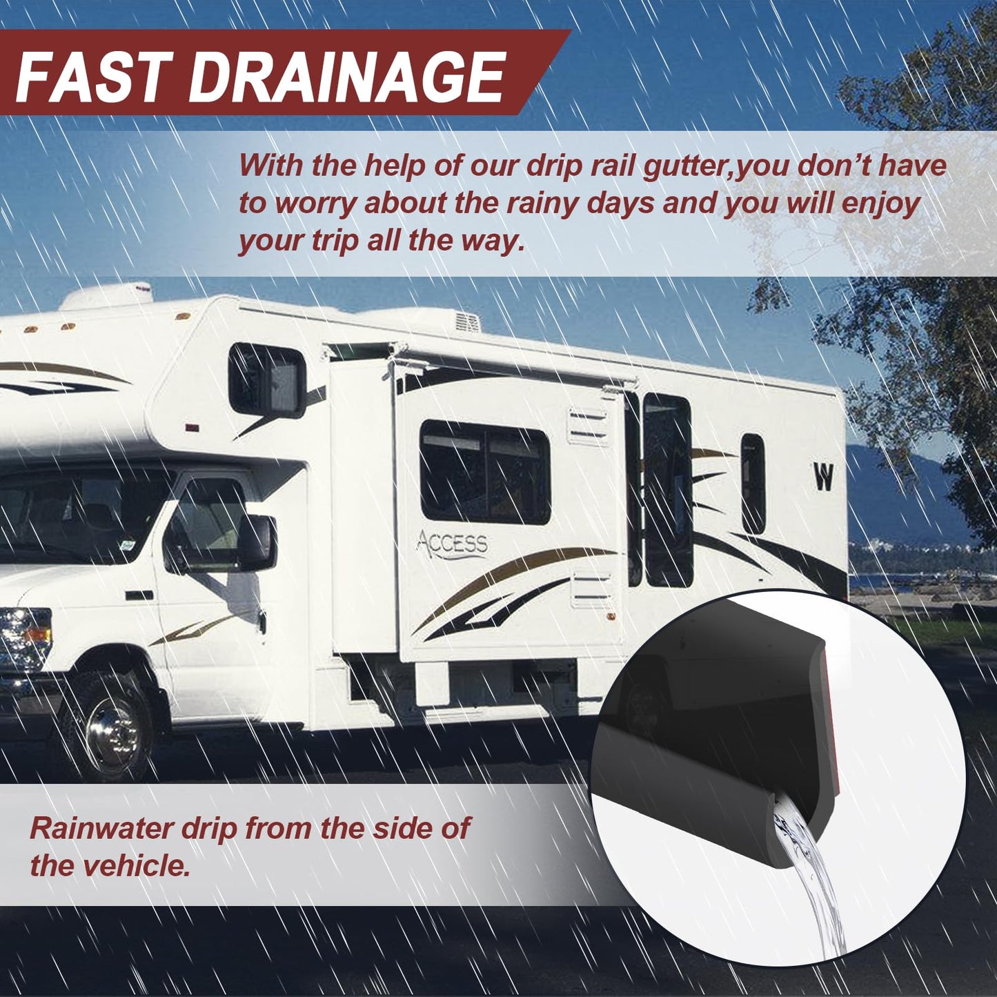 40FT RV Drip Rail J-Shape Rain Gutter Trim with 3M Adhesive, Flexible PVC RV Roof Rain Diverter Strip, Camper Trailer Water Runoff Strip, Leak Prevention UV Resistant