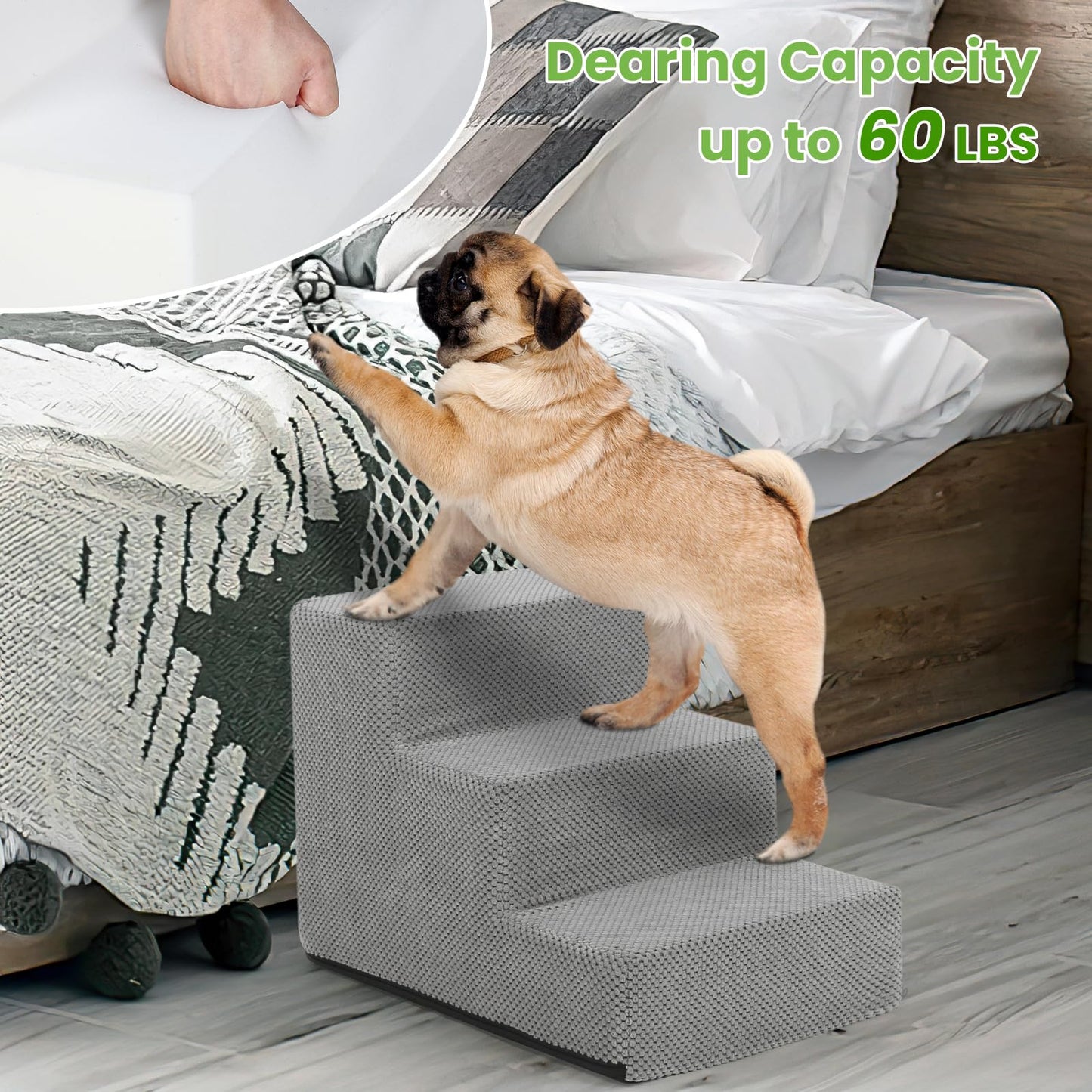 Bnonya 3 Tiers Dog Stairs for Small Dogs, Pet Stairs for Couch and High Bed, Soft Foam Dog Steps with Removable Washable Cover for Injured Dogs, Short-Legged Dogs and Older Pets Dogs, Grey