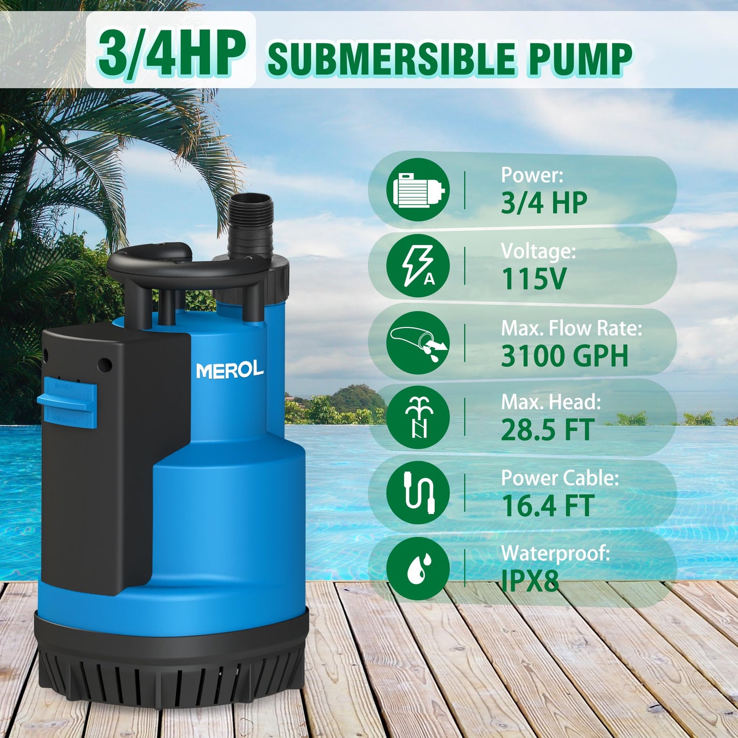 MEROL Submersible Water Pump 3/4HP 3100GPH Utility Pump, Auto/Manual Control by Integrated Float Switch, with 16.4 Ft Cord for Pool Basement Garden Pond Draining