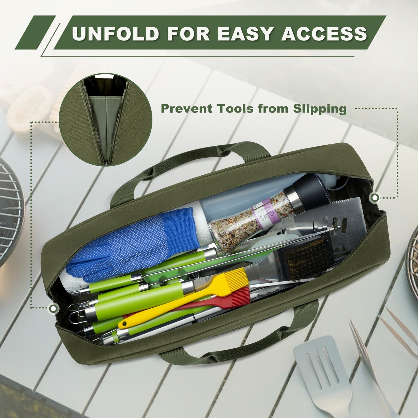 HODRANT Grill Tool Storage Bag, Outdoor BBQ Utensil Holder for Barbecue Tool up to 20", Large Grill Utensil Storage Caddy with Pockets, BBQ Accessories Case Container for Camping, Bag Only (Green)