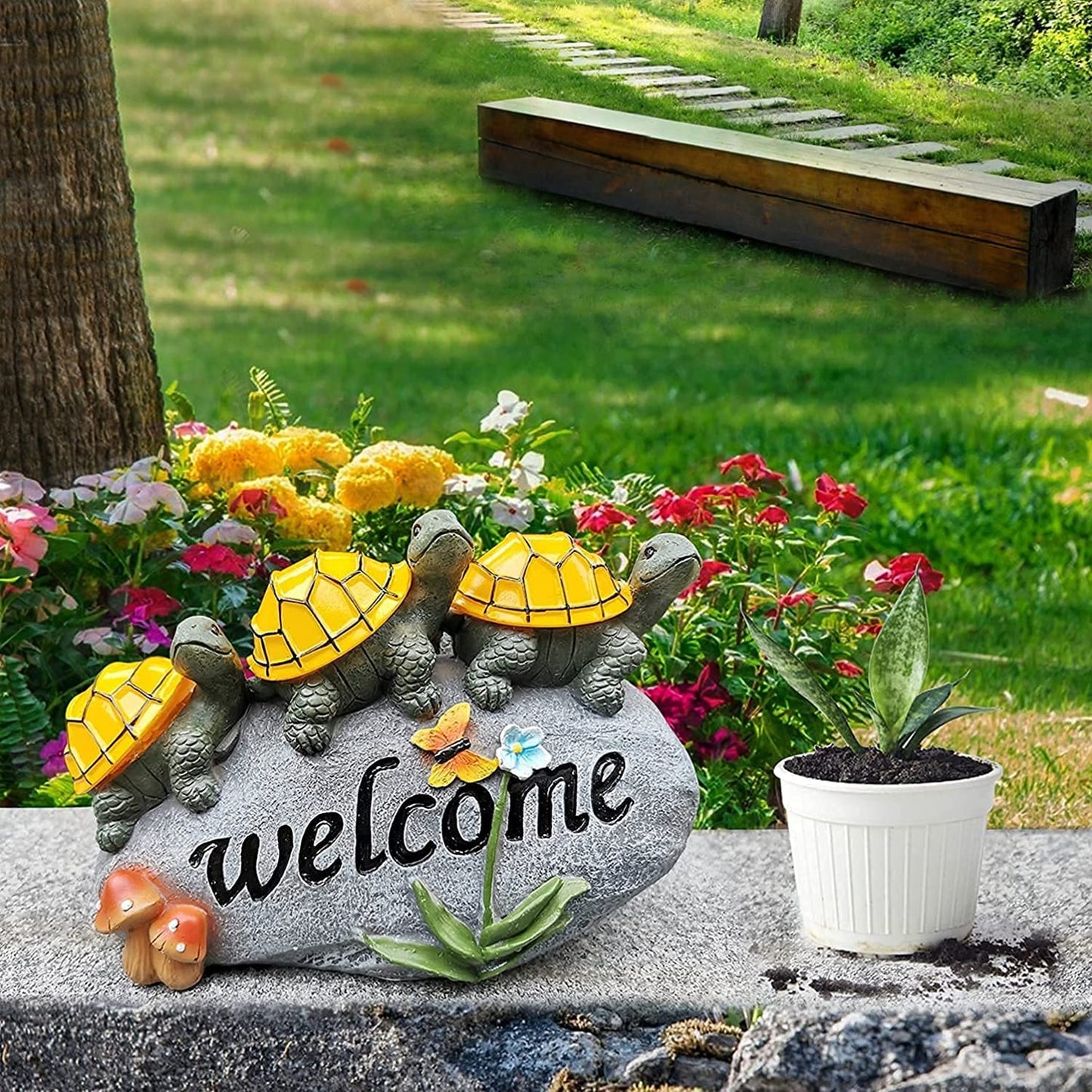 Solar Garden Statue Outdoor Waterproof Turtle Decor Light, 3 Turtles on a Rock Solar Outdoor Figurine Lights with Welcome Sign, Lawn Ornaments for Patio Yard Pathway Walkway