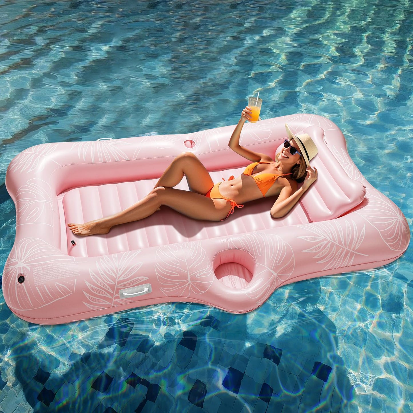 HeySplash Inflatable Pool Float Lounge, Large Inflatable Pool Floats Boat for Adults with Cup Holder & Detachable Pillow, Tanning Pool Lounger Float for Outdoor Lake River Summer Water Party,Pink Leaf