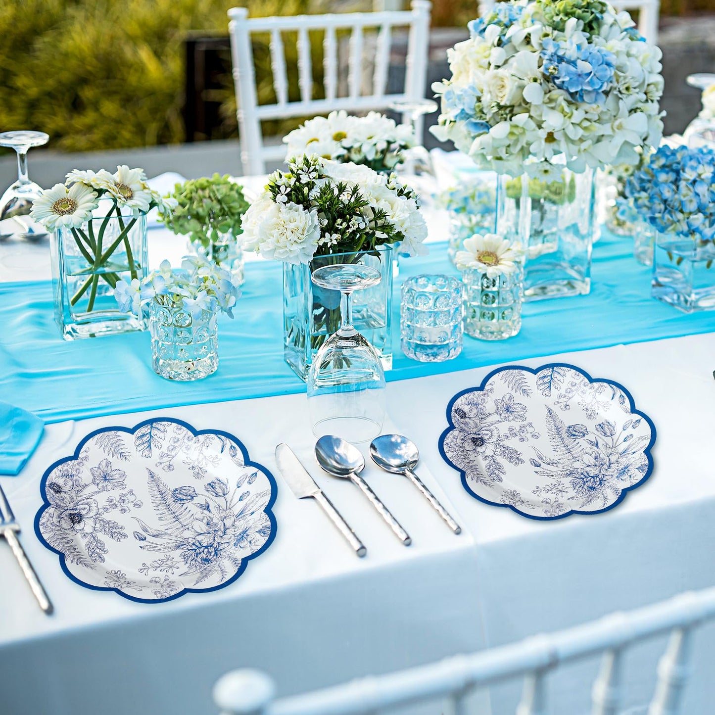 100 Pcs Blue Floral Paper Plates Disposable Dessert Baby Bridal Shower Party Supplies Floral Dessert Plates Bulk Birthday Tea Party Serving Tray for Wedding Birthday Supplies