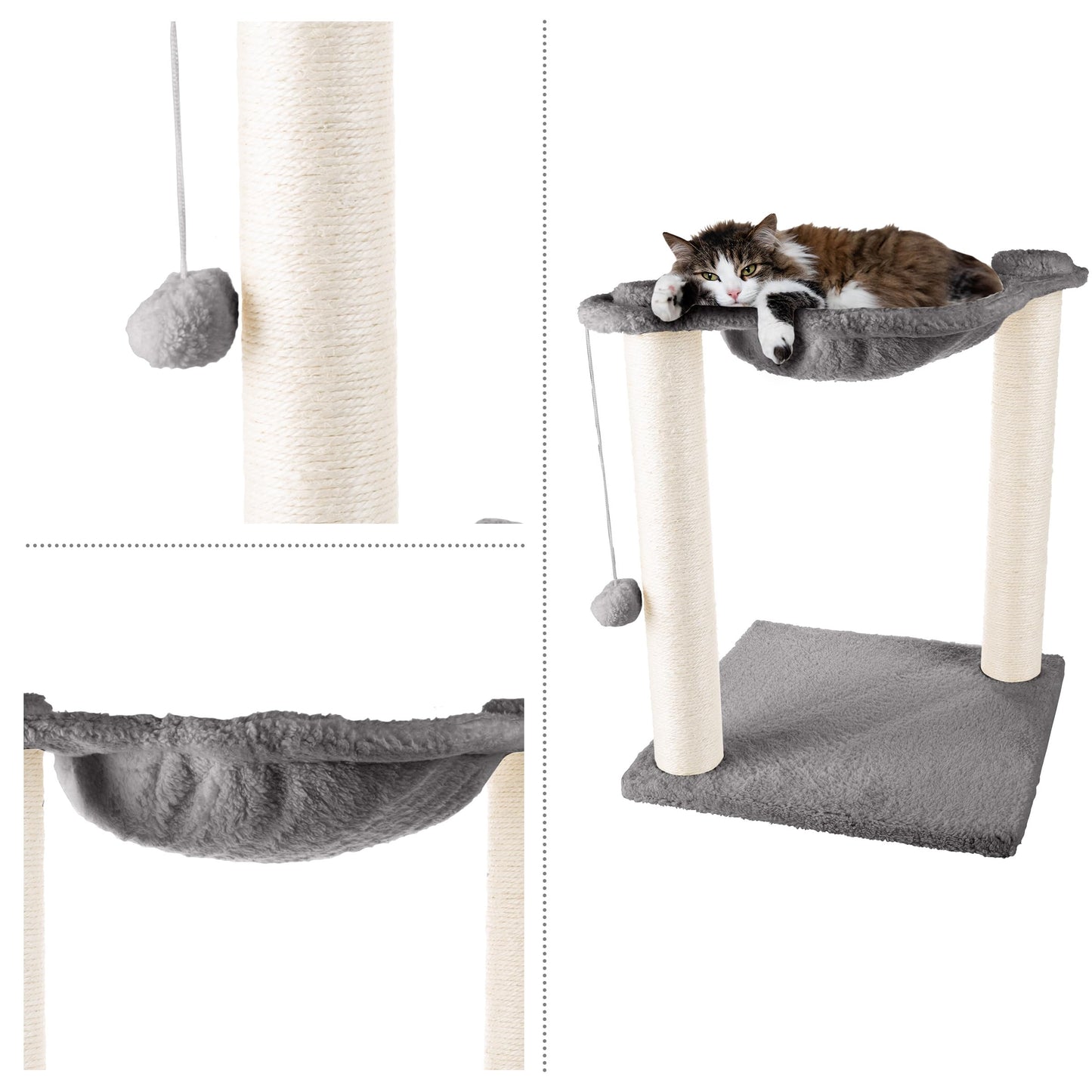 Cat Hammock with Scratching Posts for Indoor Cats - 19-Inch-Tall Cat Tree with Hanging Ball Toy for Adult Cats and Kittens by PETMAKER (Gray)