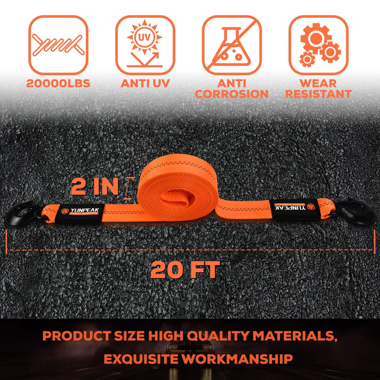 YUNPEAK Tow Strap with Hooks, 2" x 20ft (20,000lbs) Heavy Duty Emergency Recovery Towing Strap with Forged Steel Hooks, Car Tow Strap for UTV, ATV, Truck (Orange)
