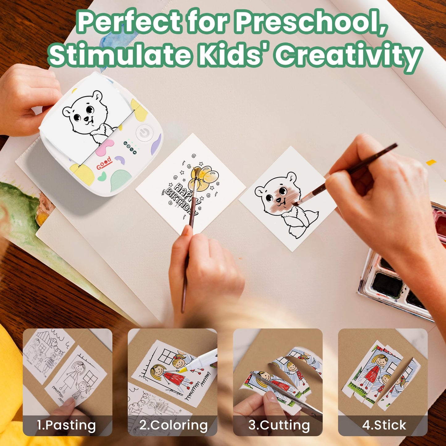 Mini Sticker Printer, Mini Thermal Printer with 4 Rolls Paper, Bluetooth Inkless Printpods, Pocket Label Maker Suitable for Creative Kids DIY, Diaries, Study Notes, Photos