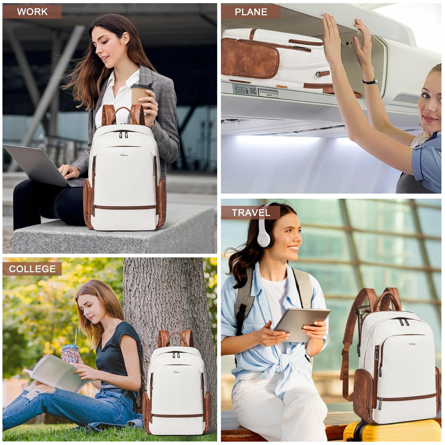 TIAMYI Computer Backpack for Women Soft Vegan Leather Back pack with 16.0 inch Laptop Compartment, Designer Ladies Travel Backpack, Beige