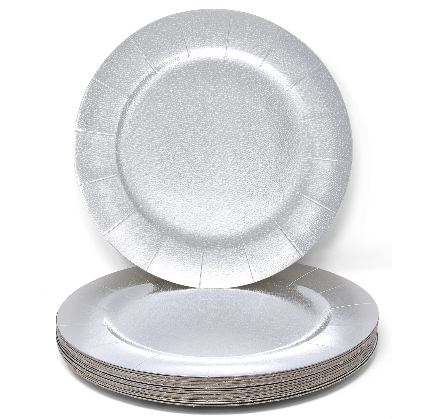 24 Disposable Silver Round Charger Plates 13" Metallic Silver Foil Dinner Serving Tray Heavy Duty Paper Cardboard Platters for Table Setting Place Mats Dessert Birthday Parties Weddings Bridal Shower