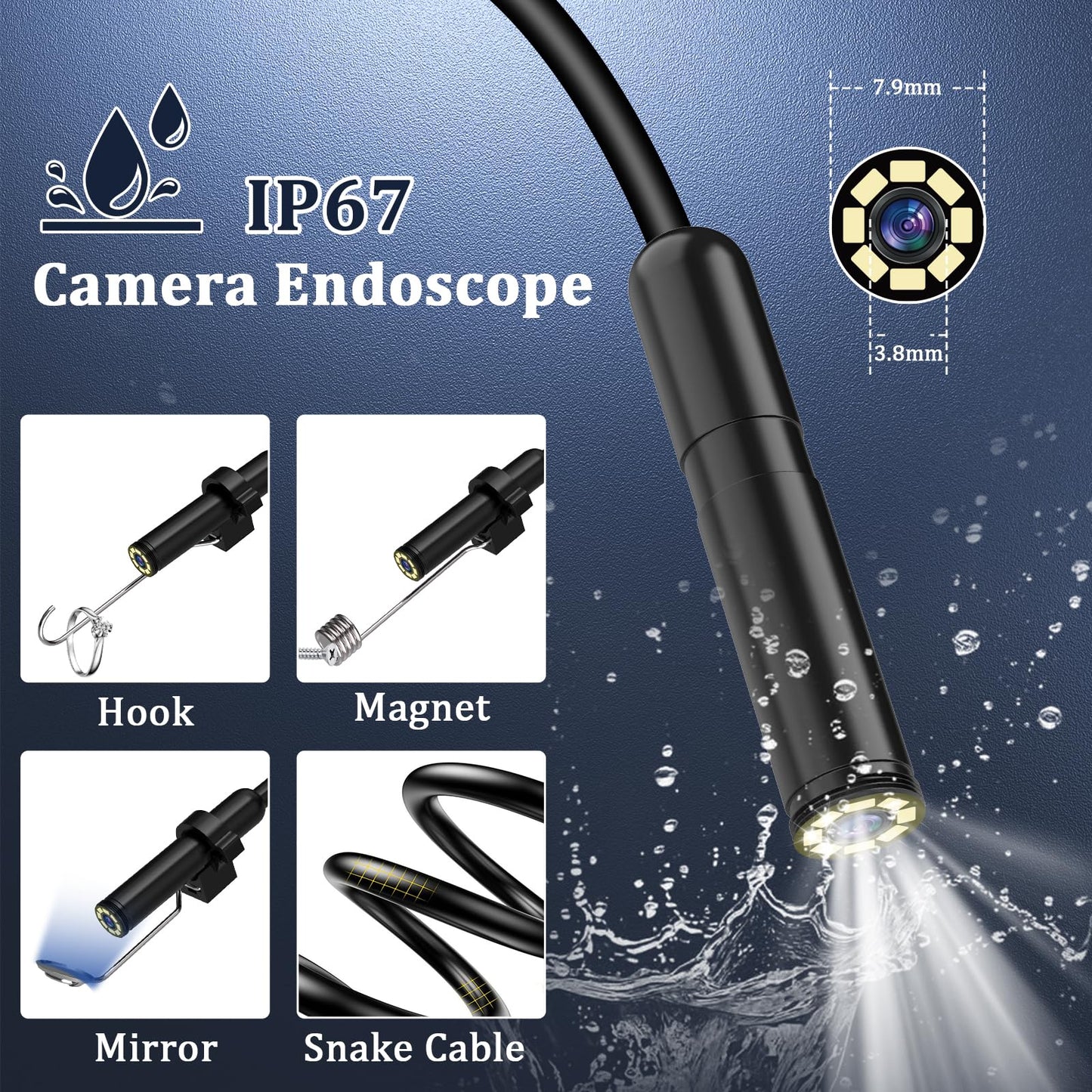 Endoscope Camera with Light, Ennovor 1920P HD Borescope with 8 Adjustable LED Lights, IP67 Waterproof Endoscope Inspection with Flexible Rigid Snake Camera, No WiFi Required for Android iOS