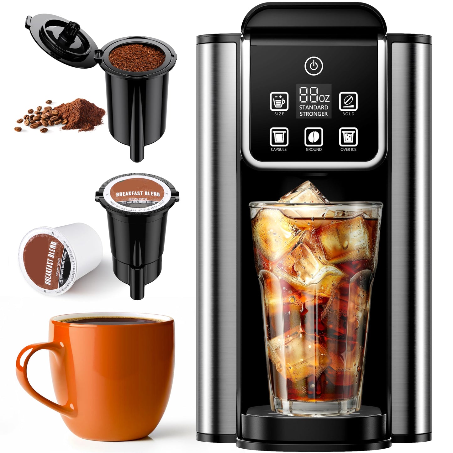 KIDISLE Hot & Iced Single Serve Coffee Maker, K Cup & Ground Coffee Compatible, Bold Flavor Setting, 6–14oz Brewing, Large 50oz Detachable Water Tank, Black 2.0