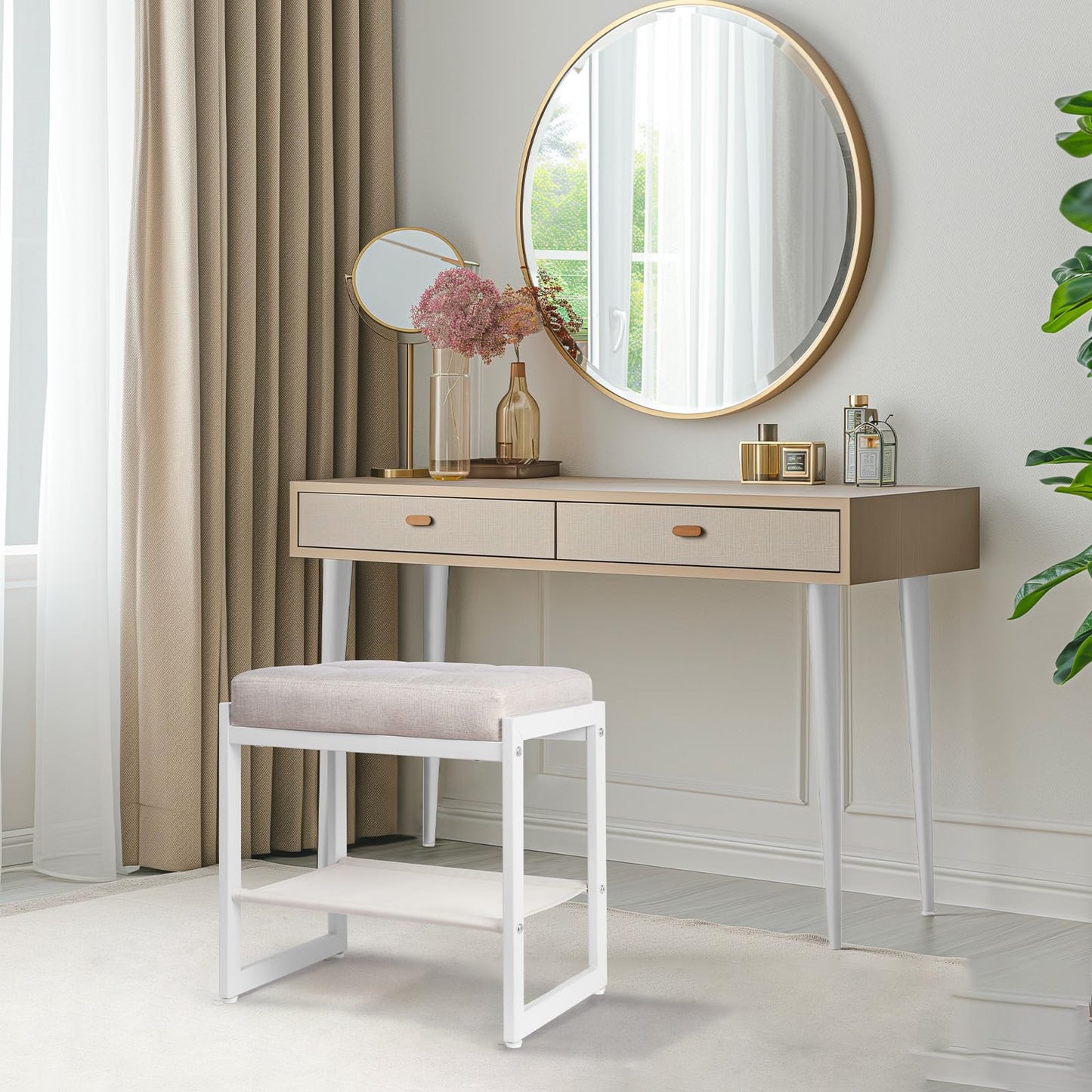 Vanity Stool, Makeup Vanity Chair for Vanity, Ottoman Seat for Bedroom Makeup Living Room,Foot Stool Foot Rest, (Beige&White)