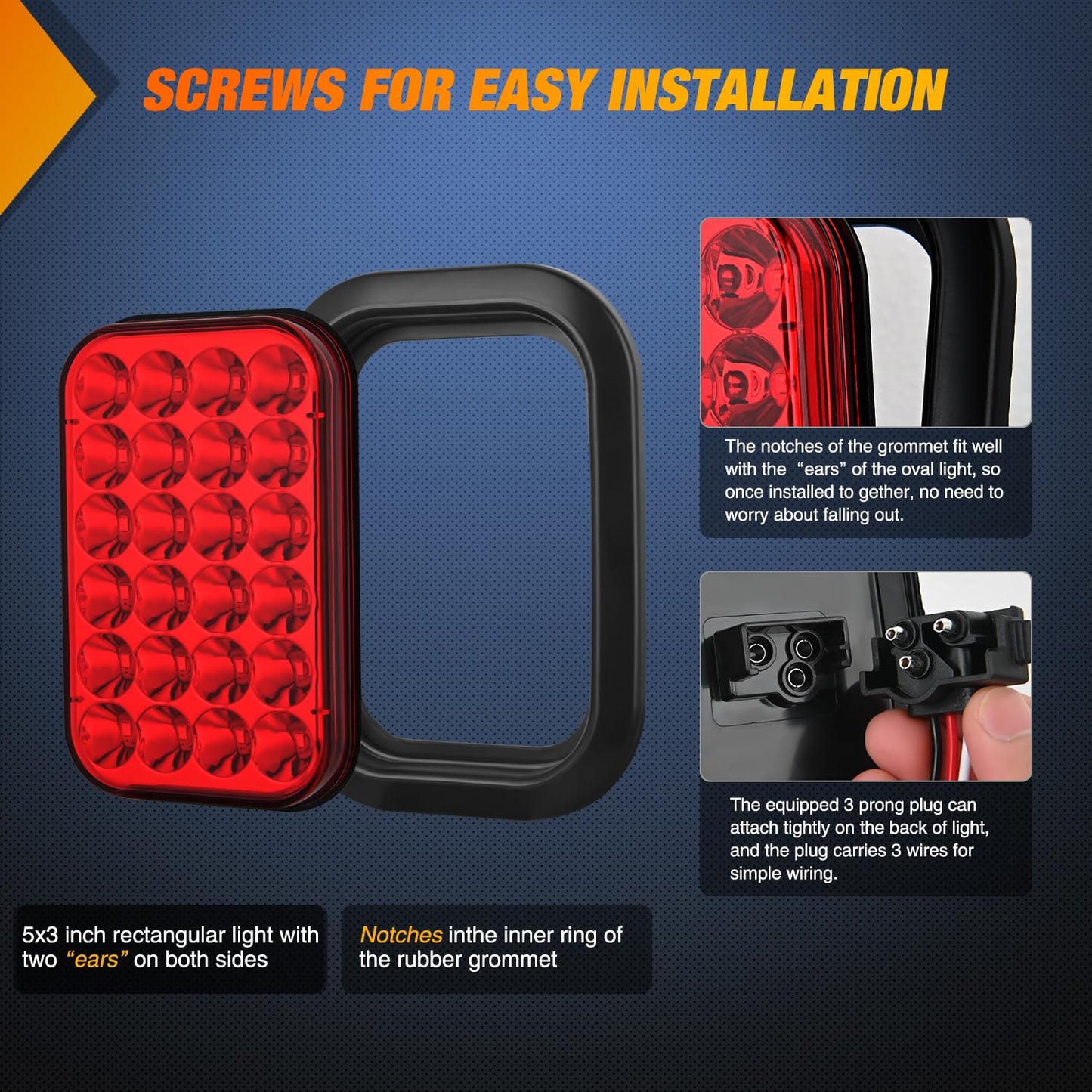 Nilight 5” X 3” Rectangular Trailer Tail Light 2 PCS Red 24 LED Stop Brake Turn Marker Lights w/Flush Mount Grommets Plugs IP67 Waterproof for 12V Truck ATV UTV Bus RV Camper