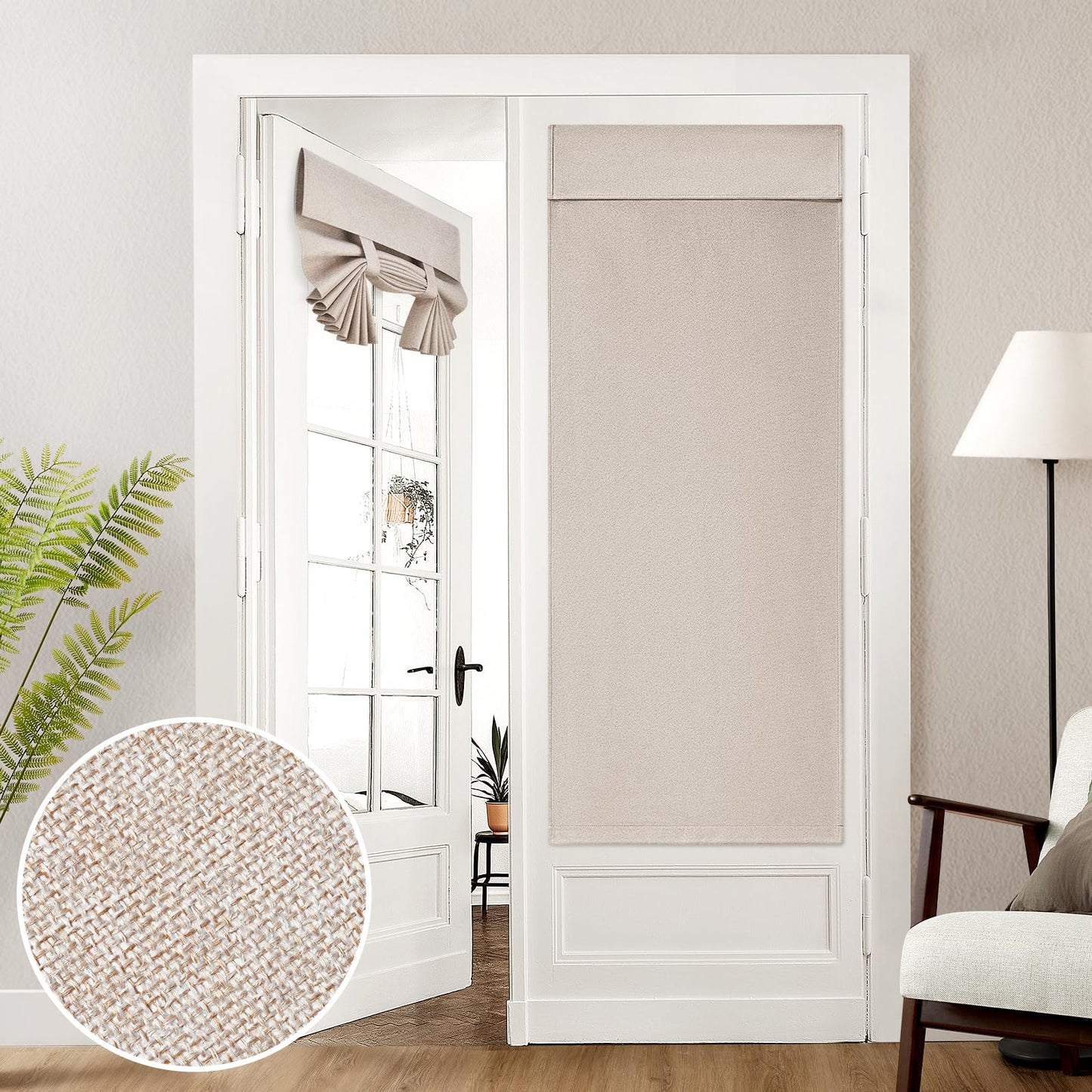 HOMEIDEAS 100% Natural Linen Blackout French Door Curtains, Privacy Door Window Curtains, 26 X 68 Inch Room Darkening Curtains, Thermal Insulated Door Shades for Bedroom, (1 Panel)