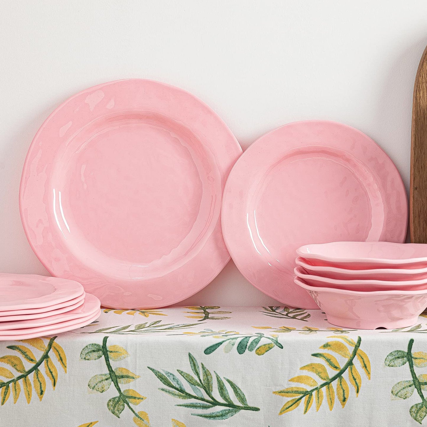 LEHAHA Pink Dishes Melamine Dinnerware Sets, 12 Piece Kitchen Plates and Bowls Dinnerware Sets, Lightweight, BPA free Melamine Dishes for Girls, Valentine's Day, Mother's Day.