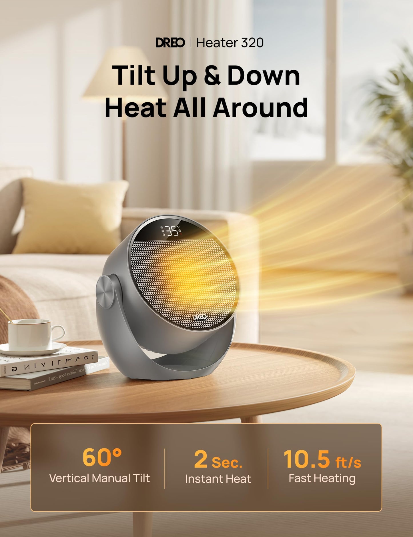 DREO Space Heater 1500W, 60° Adjustable Tilt, 10.5ft/s Portable Electric Heaters for Indoor Use with Thermostat, 8 Safety Protections, 3 Modes, Remote, Quiet Desk Heater for Bedroom, Office, Gray