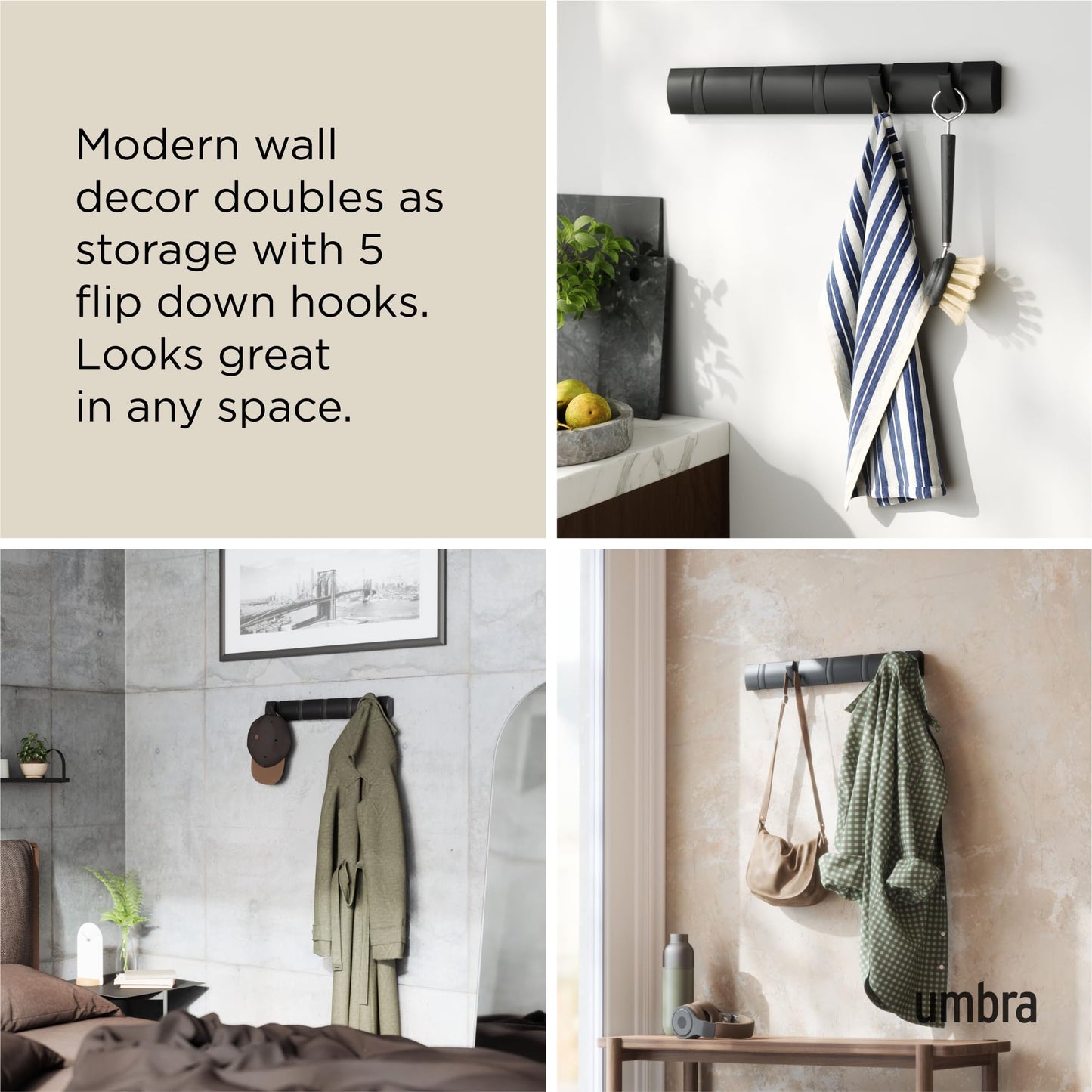 Umbra Flip Wall-Mounted Coat Rack with 5 Hooks – Modern, Space-Saving Storage for Hats, Jackets, Bags, Entryway, Mudroom, Closet, Bathroom, Bedroom – Black